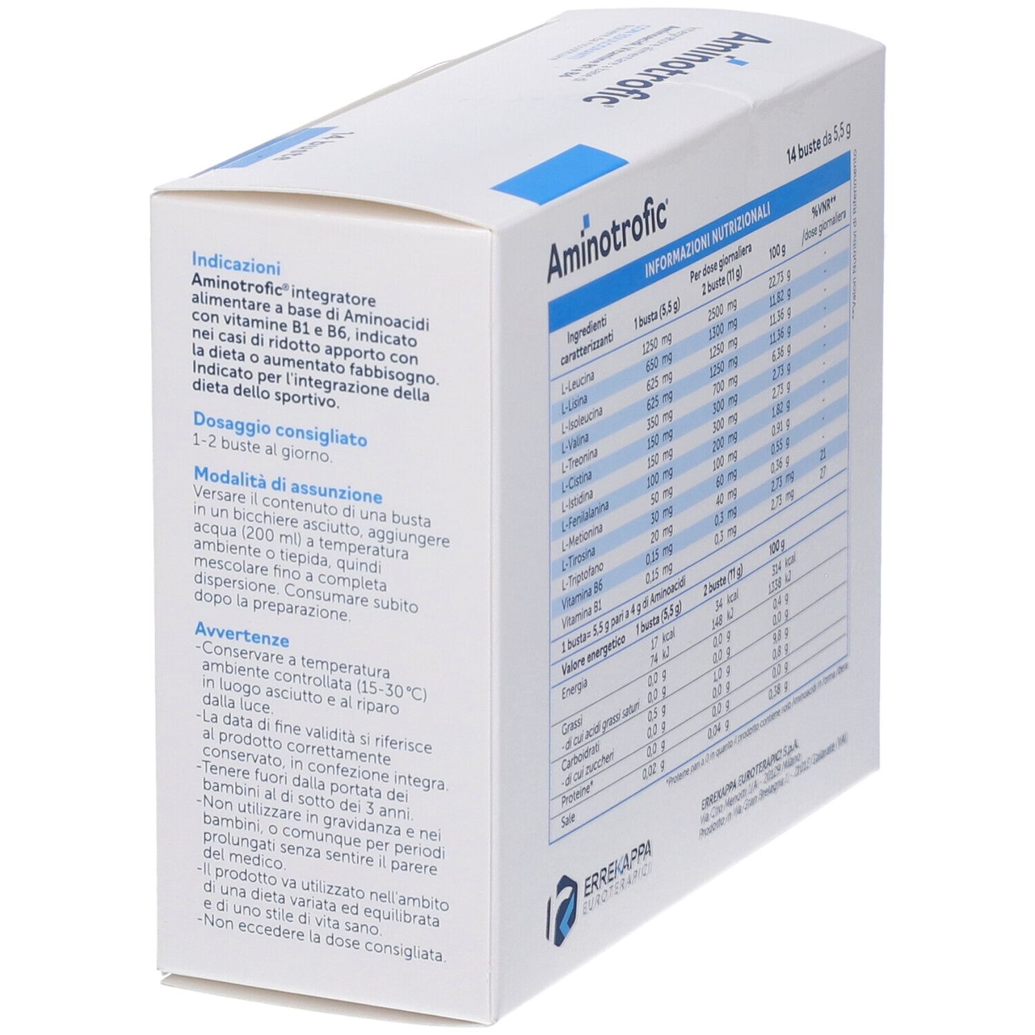 Scatola bianca con istruzioni. Contiene aminoacidi, vitamina B1 e B6. Marchio Errekappa Euroterapici.