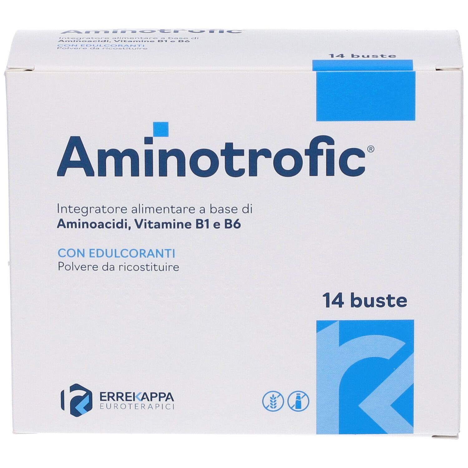 Scatola bianca con accento blu. Scritto 'Aminotrofic' e '14 buste'. Contiene aminoacidi, vitamina B1 e B6.