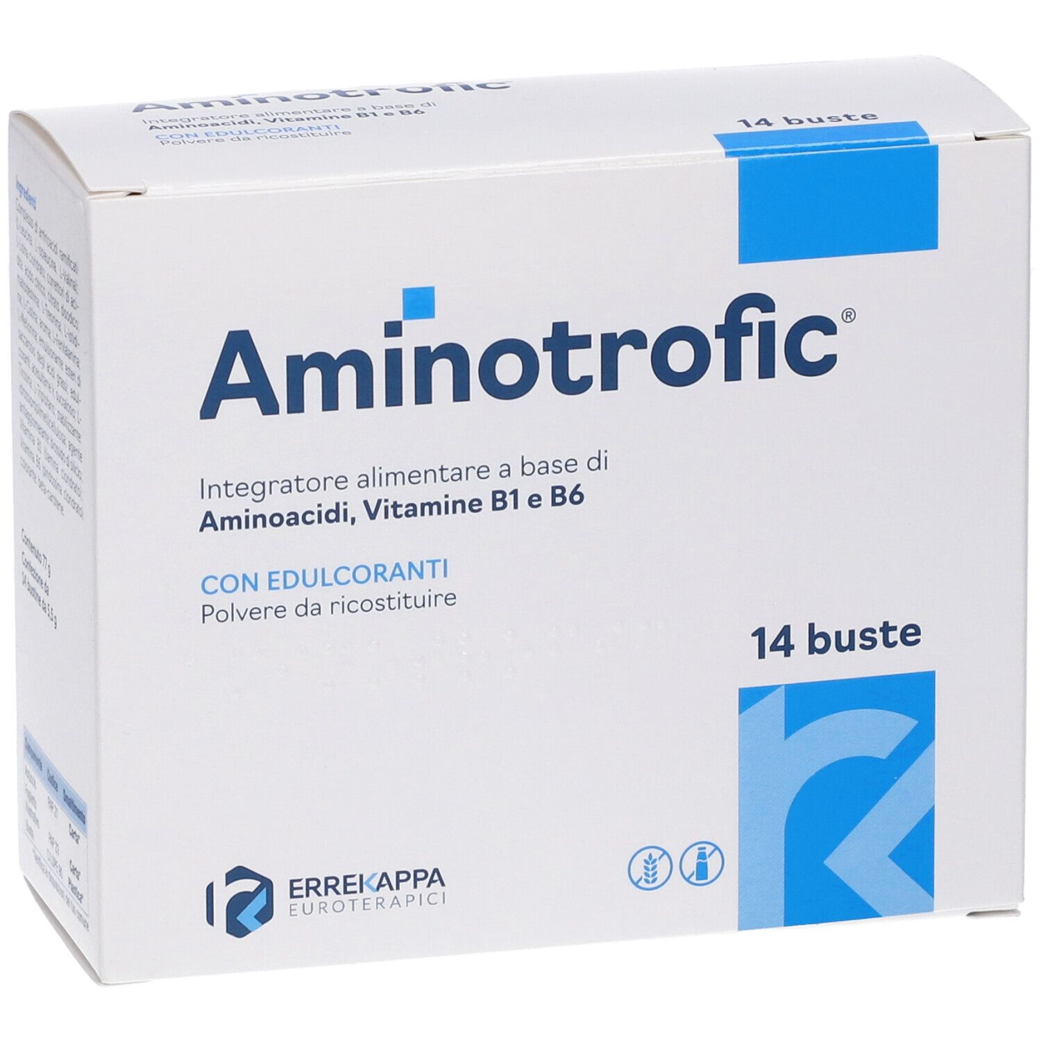Scatola bianca con accento blu. Scritto 'Aminotrofic' e '14 buste'. Contiene aminoacidi, vitamina B1 e B6.