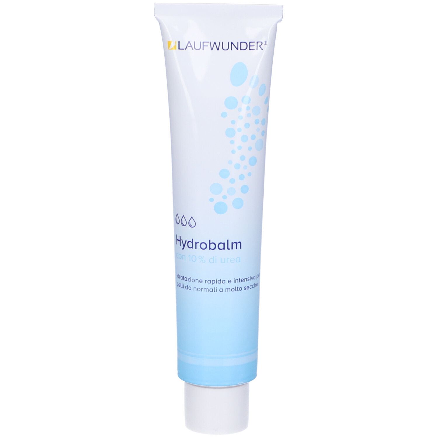 Tubo bianco-blu con Laufwunder Hydrobalm. Testo: Hydrobalm con 10% di urea. Idratazione rapida e intensiva per pelli da normali a molto secche.