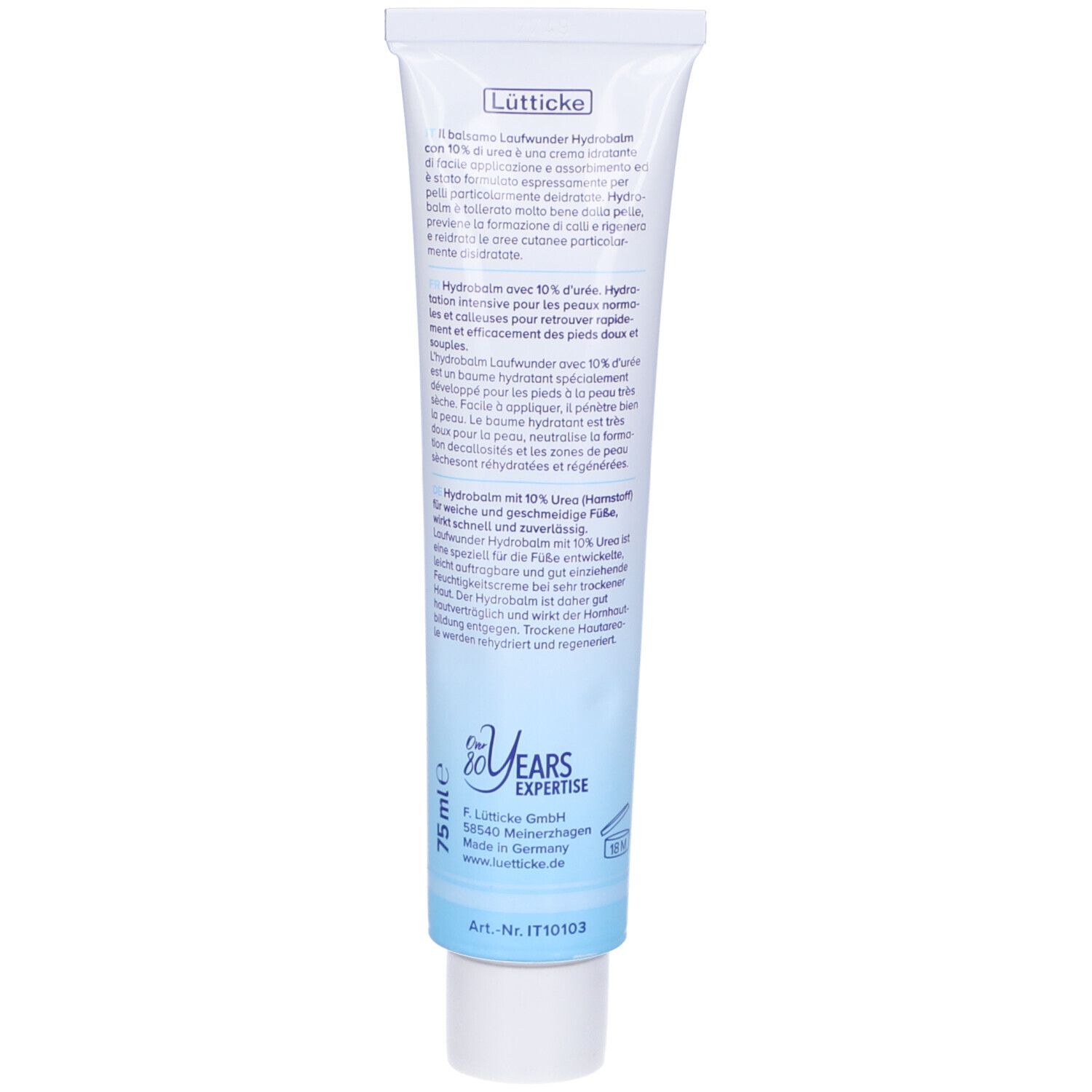 Retro del tubo Laufwunder Hydrobalm. Testo in tedesco, italiano e francese. Informazioni sul produttore e logo.
