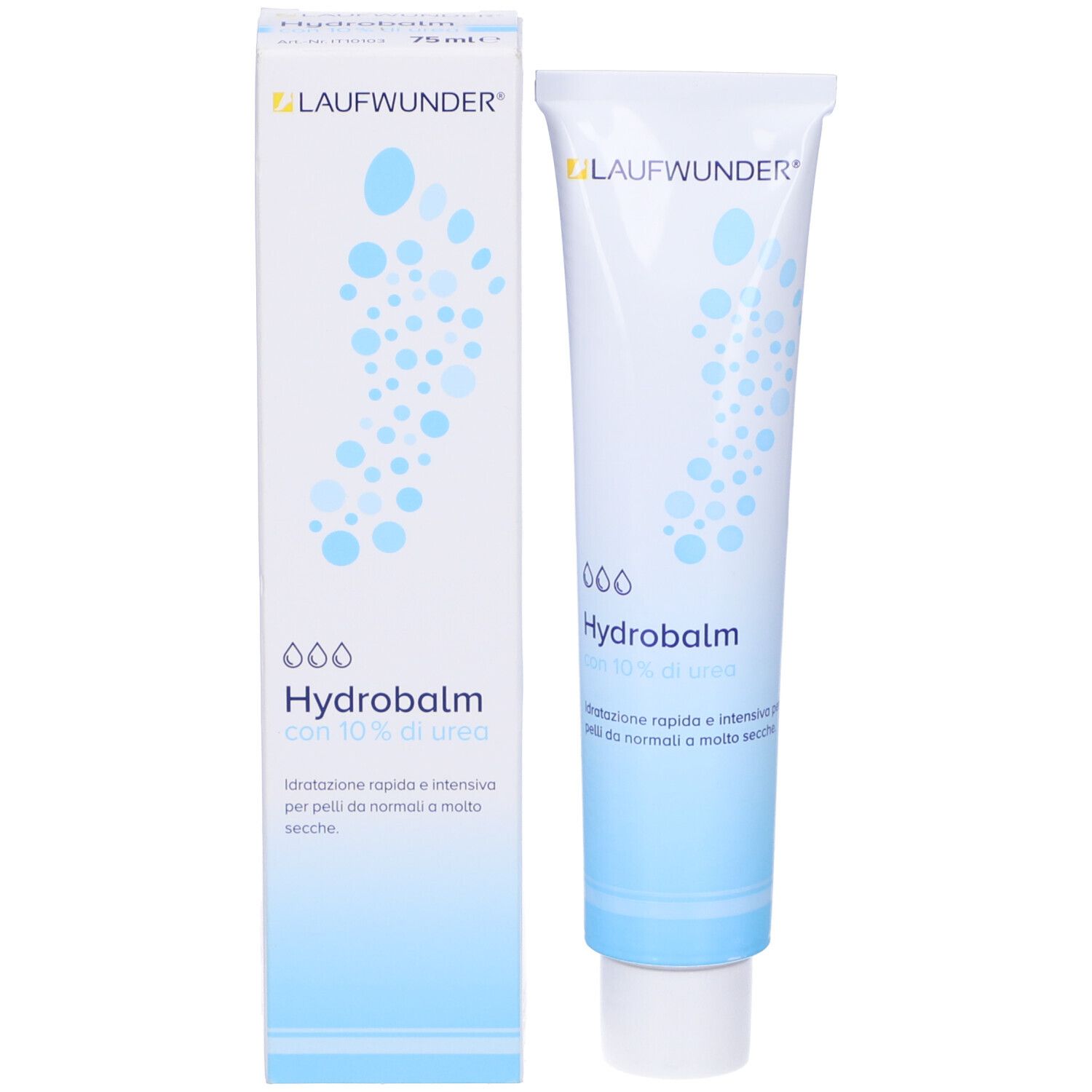 Tubo e confezione Laufwunder Hydrobalm. Testo: Hydrobalm con 10% di urea. Idratazione rapida e intensiva per pelli da normali a molto secche.