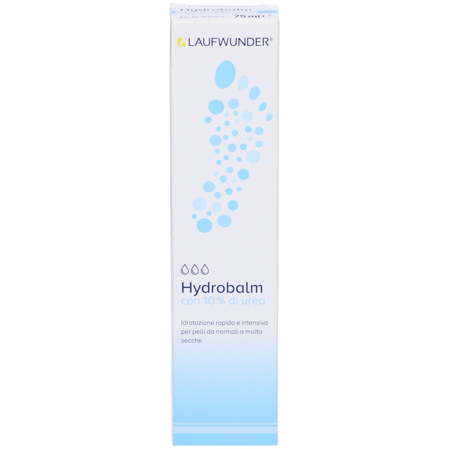 Confezione Laufwunder Hydrobalm. Testo: Hydrobalm con 10% di urea. Idratazione rapida e intensiva per pelli da normali a molto secche.