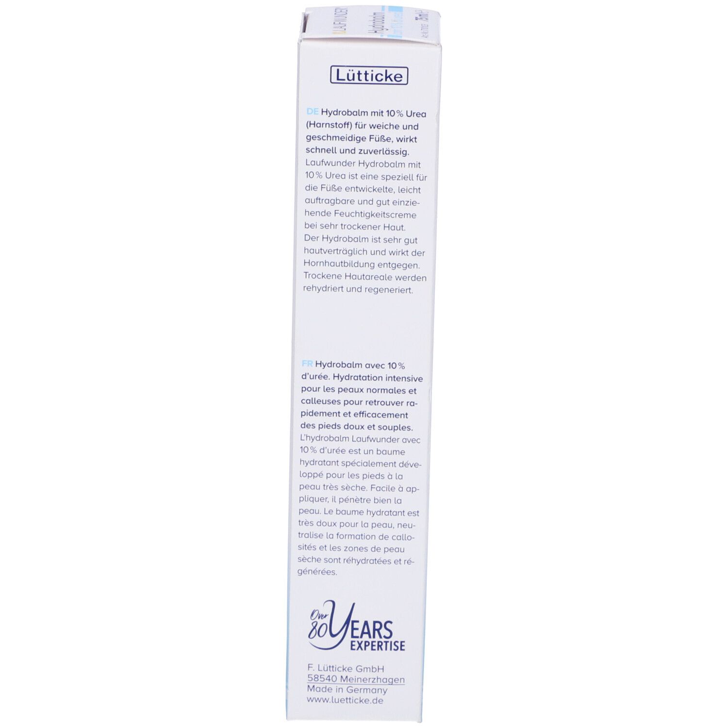 Retro della confezione Laufwunder Hydrobalm. Testo in tedesco, italiano e francese. Informazioni sul produttore e logo.