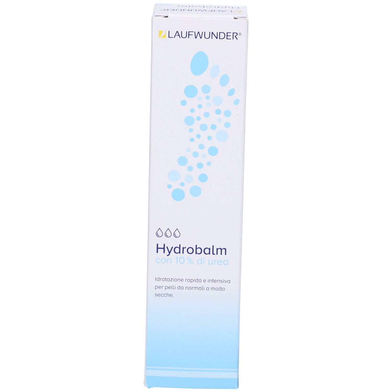Confezione Laufwunder Hydrobalm. Testo: Hydrobalm con 10% di urea. Idratazione rapida e intensiva per pelli da normali a molto secche.