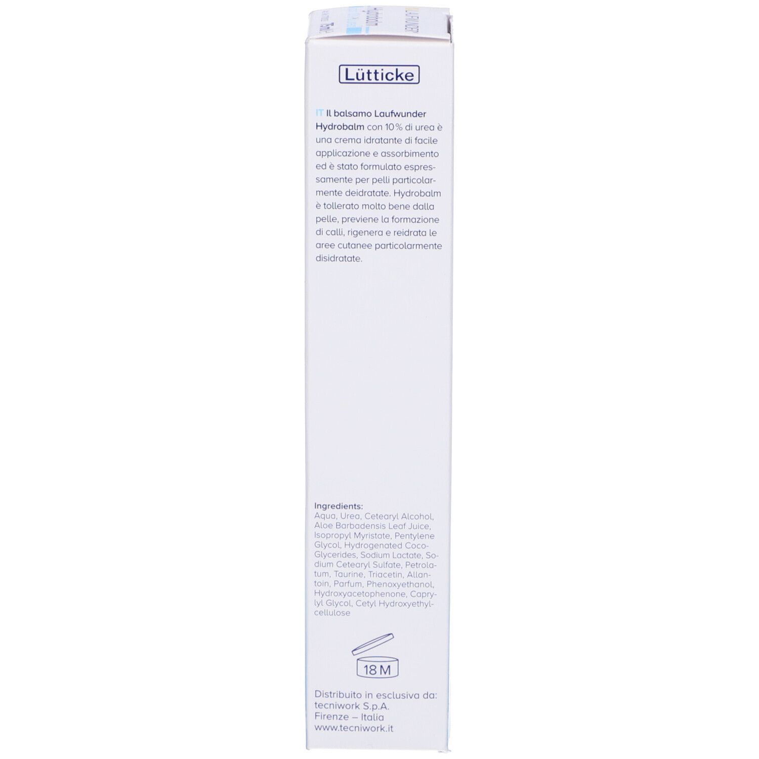 Retro della confezione Laufwunder Hydrobalm. Testo: Ingredienti, informazioni sul produttore, simbolo 18M.