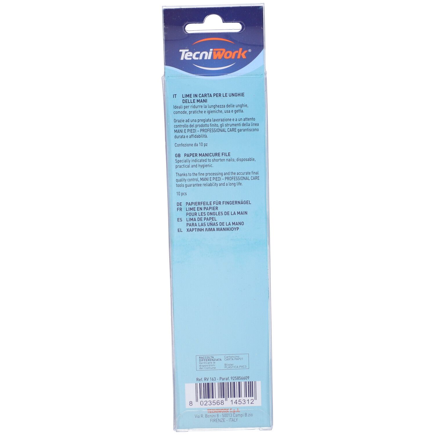Retro della confezione. Testo: "Tecniwork", "Lima in carta per le unghie delle mani". Contiene 10 pezzi.