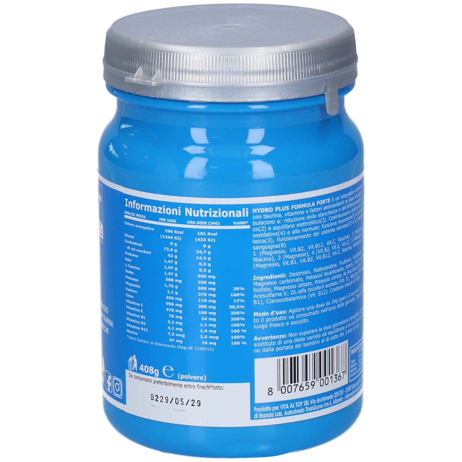 Retro di un contenitore blu con tappo argento, Ultimate Hydro Plus Formula Forte, con informazioni nutrizionali.