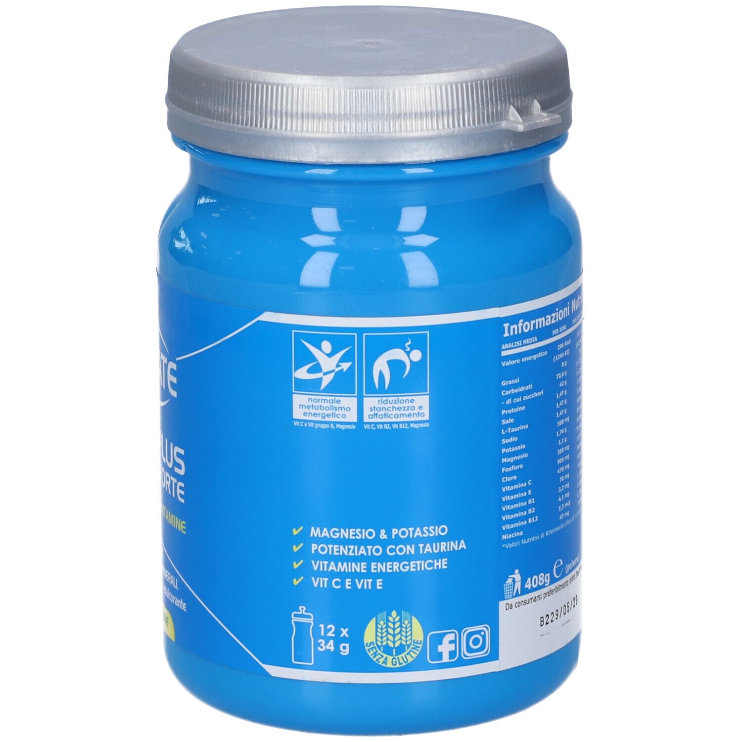 Retro di un contenitore blu con tappo argento, Ultimate Hydro Plus Formula Forte, con icone e testo.