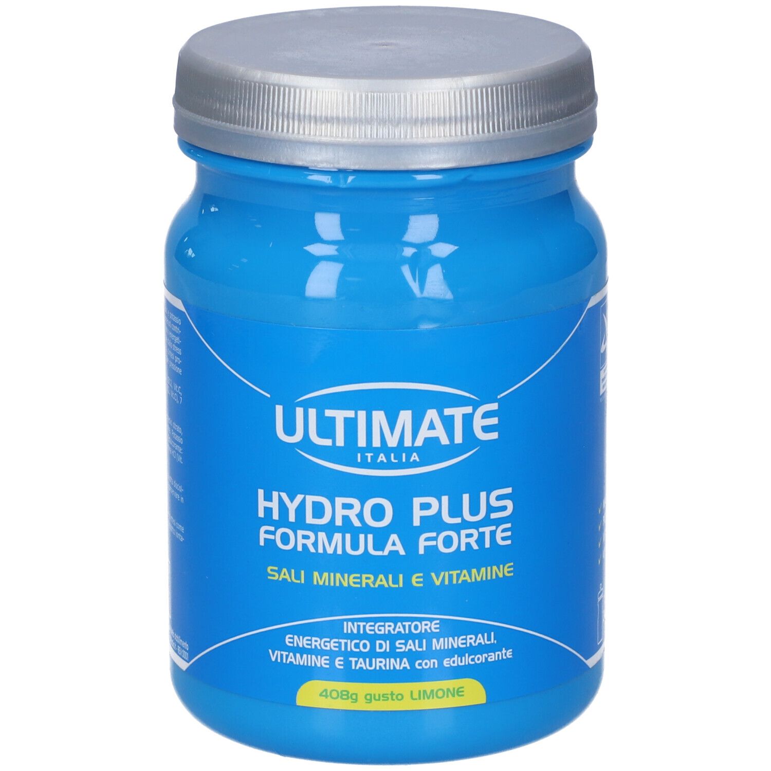 Contenitore blu con tappo argento, Ultimate Hydro Plus Formula Forte, 408g gusto limone.
