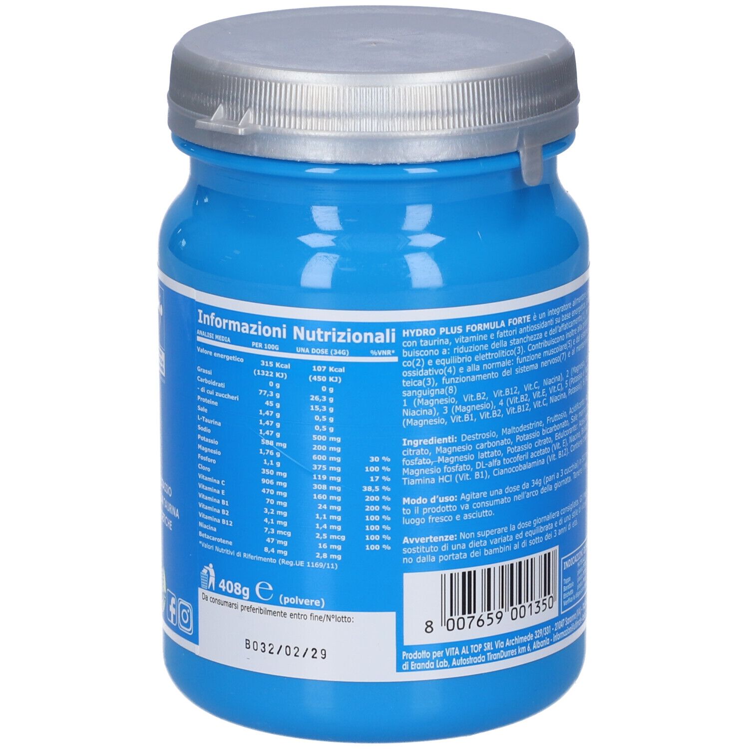 Vista laterale del barattolo ULTIMATE Hydro Plus Formula Forte Polvere, Arancia. Mostra tabella nutrizionale e ingredienti.