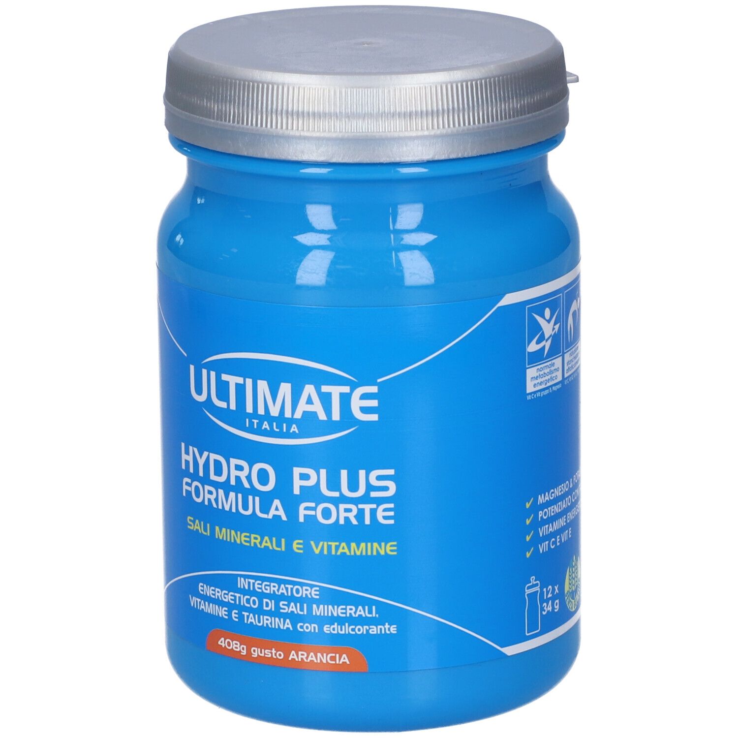 ULTIMATE Hydro Plus Formula Forte Polvere, Arancia. Barattolo blu con tappo argentato e informazioni sul prodotto.