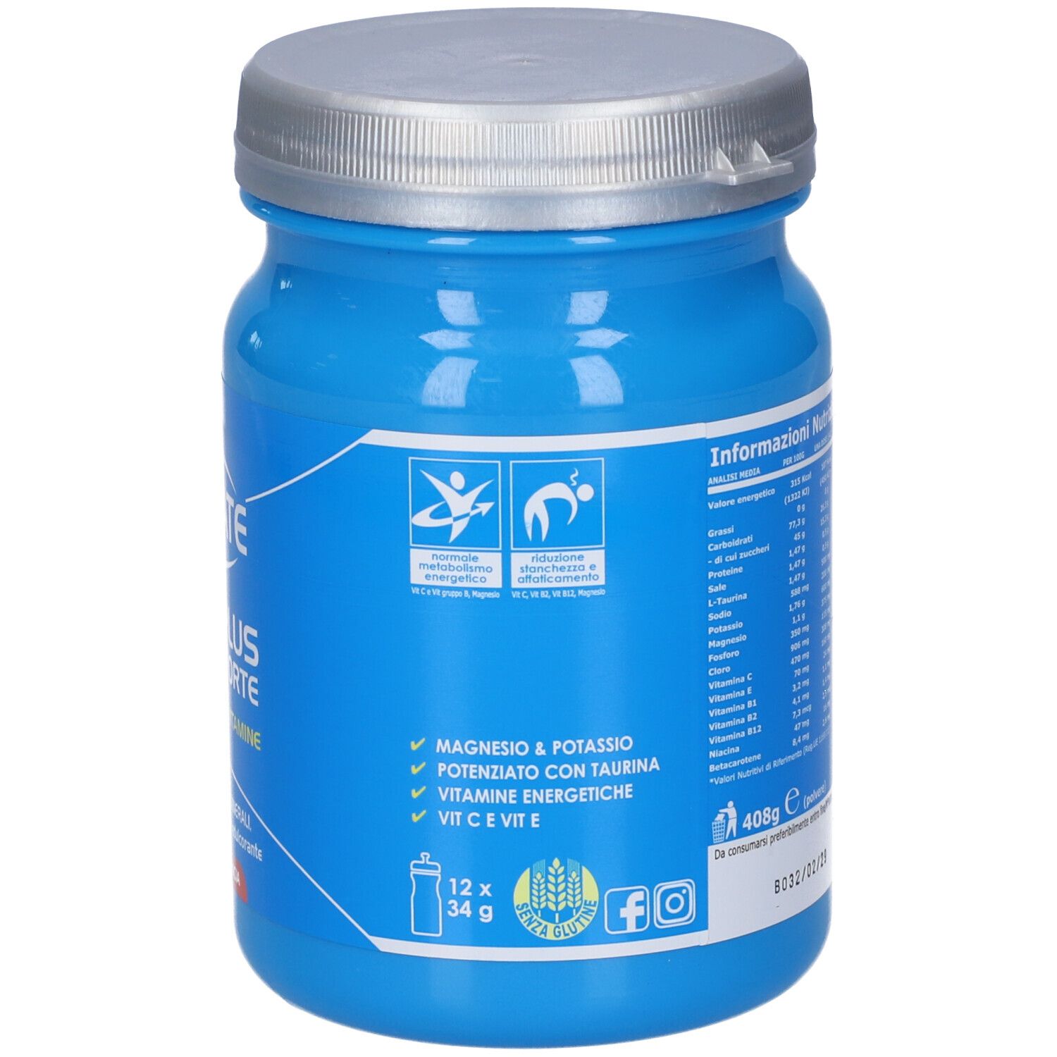 Vista laterale del barattolo ULTIMATE Hydro Plus Formula Forte Polvere, Arancia. Include icone per sport e salute.