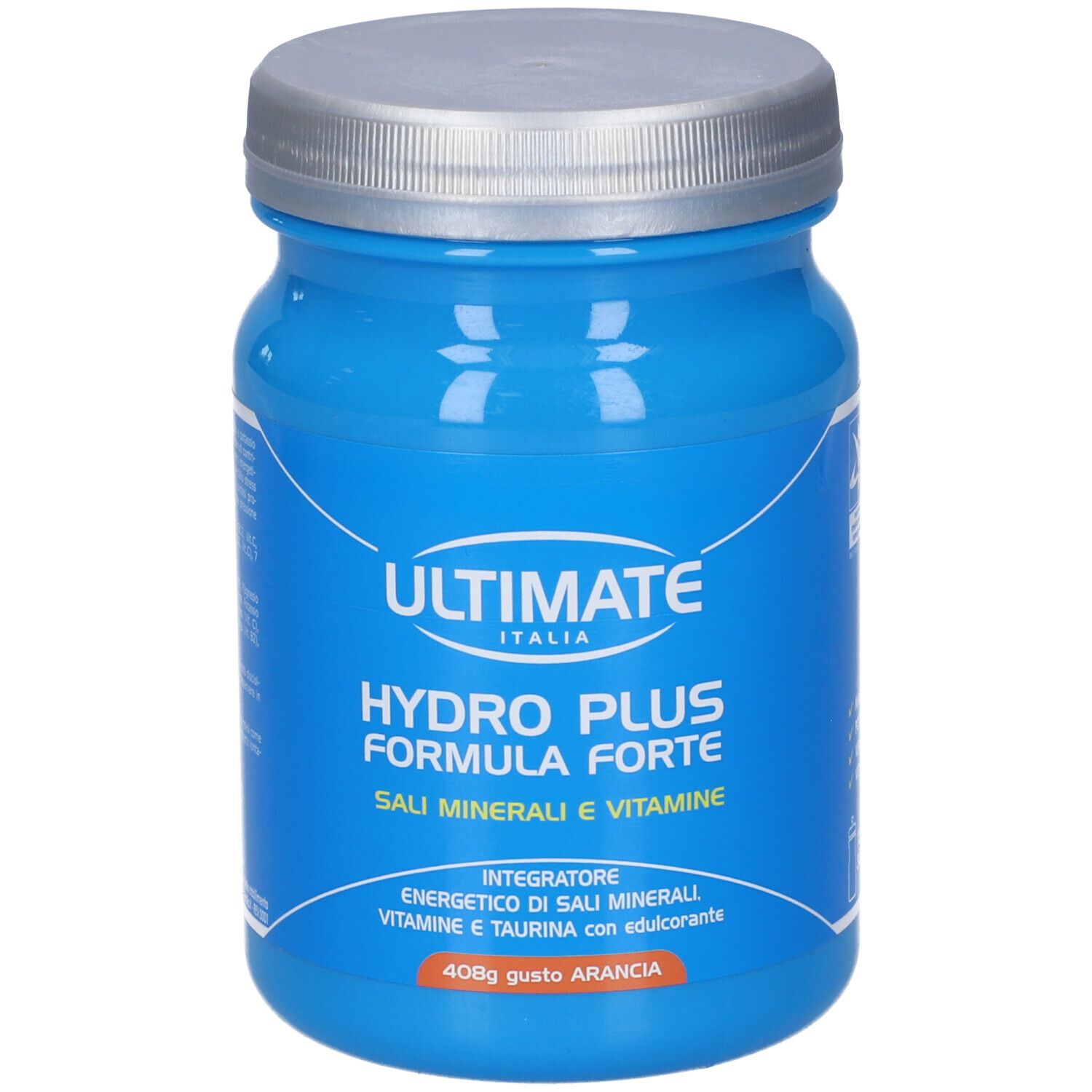 ULTIMATE Hydro Plus Formula Forte Polvere, Arancia. Barattolo blu con tappo argentato, 40g.