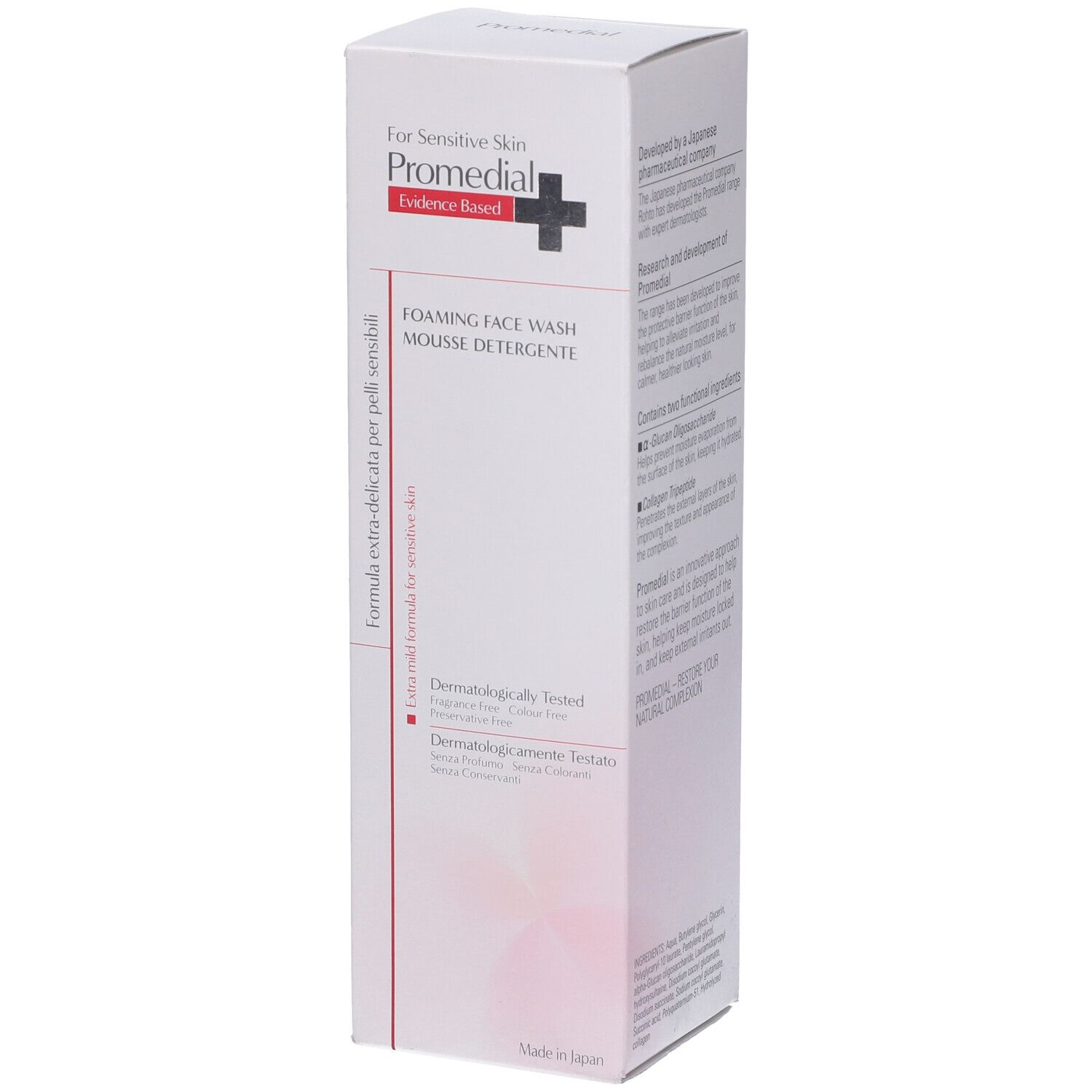 Confezione bianca. Scritta: Promedial, Mousse Detergente. Per pelli sensibili. Dermatologicamente testato.