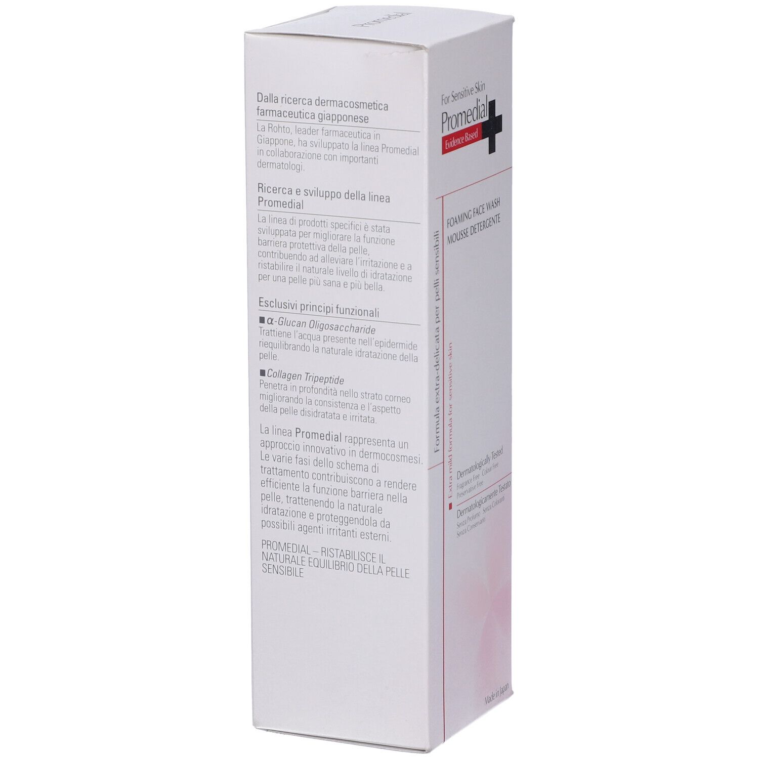 Confezione bianca. Testo: Promedial, Mousse Detergente. Informazioni sulla ricerca e sviluppo.