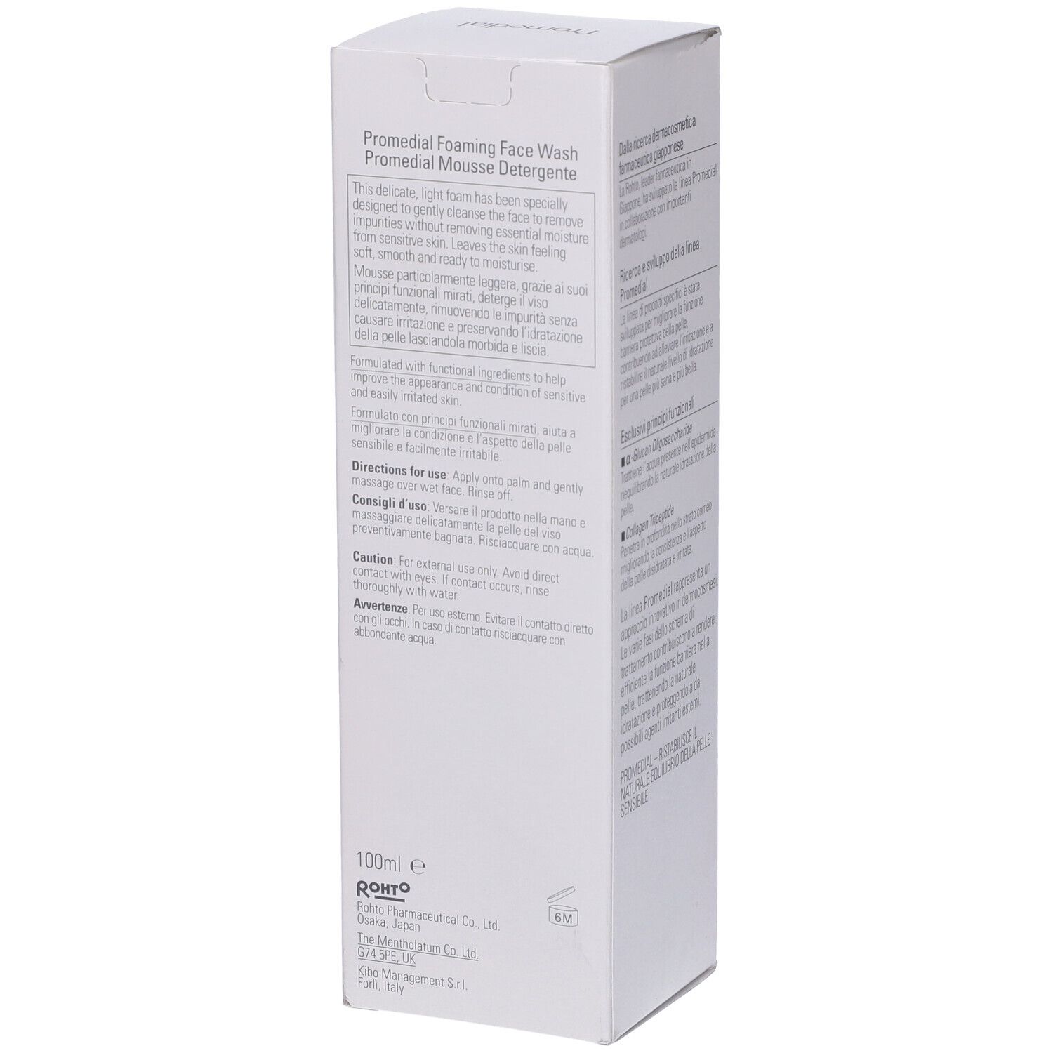 Confezione bianca. Testo: Promedial, Mousse Detergente. Informazioni sull'uso e sugli ingredienti.