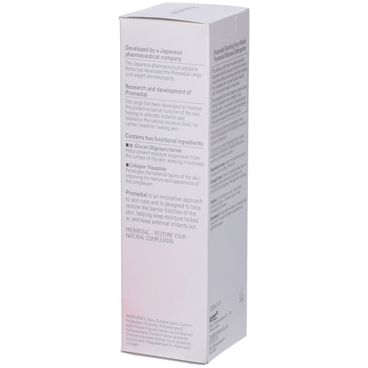 Confezione bianca. Testo: Promedial, Mousse Detergente. Informazioni sugli ingredienti e l'uso.