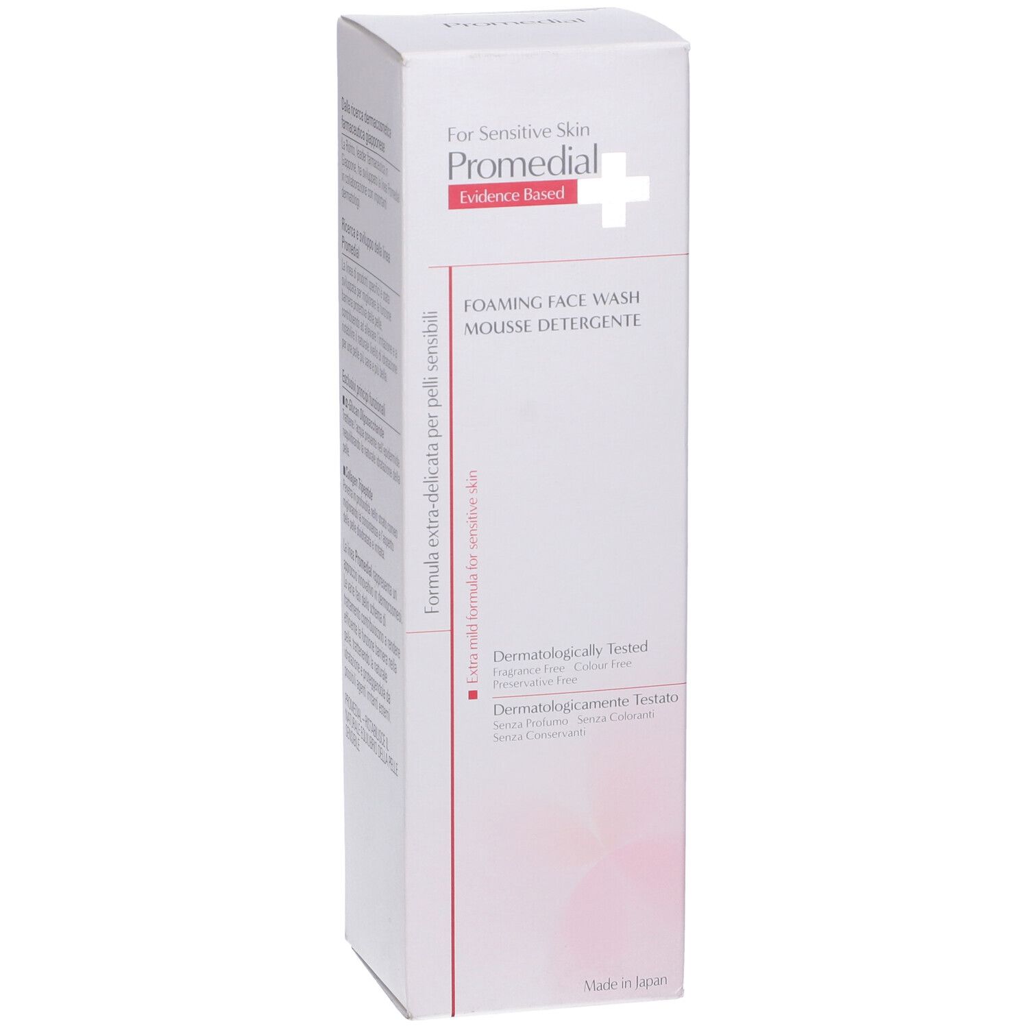 Confezione bianca. Scritta: Promedial, Mousse Detergente. Per pelli sensibili. Dermatologicamente testato.