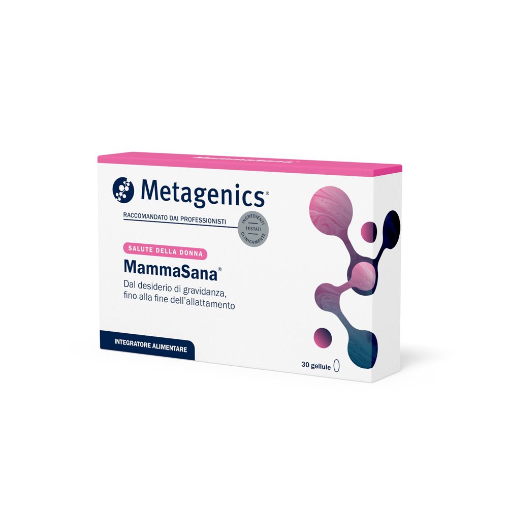 Confezione Metagenics MammaSana. Rosa e bianca, con nome e logo del prodotto. 30 capsule.