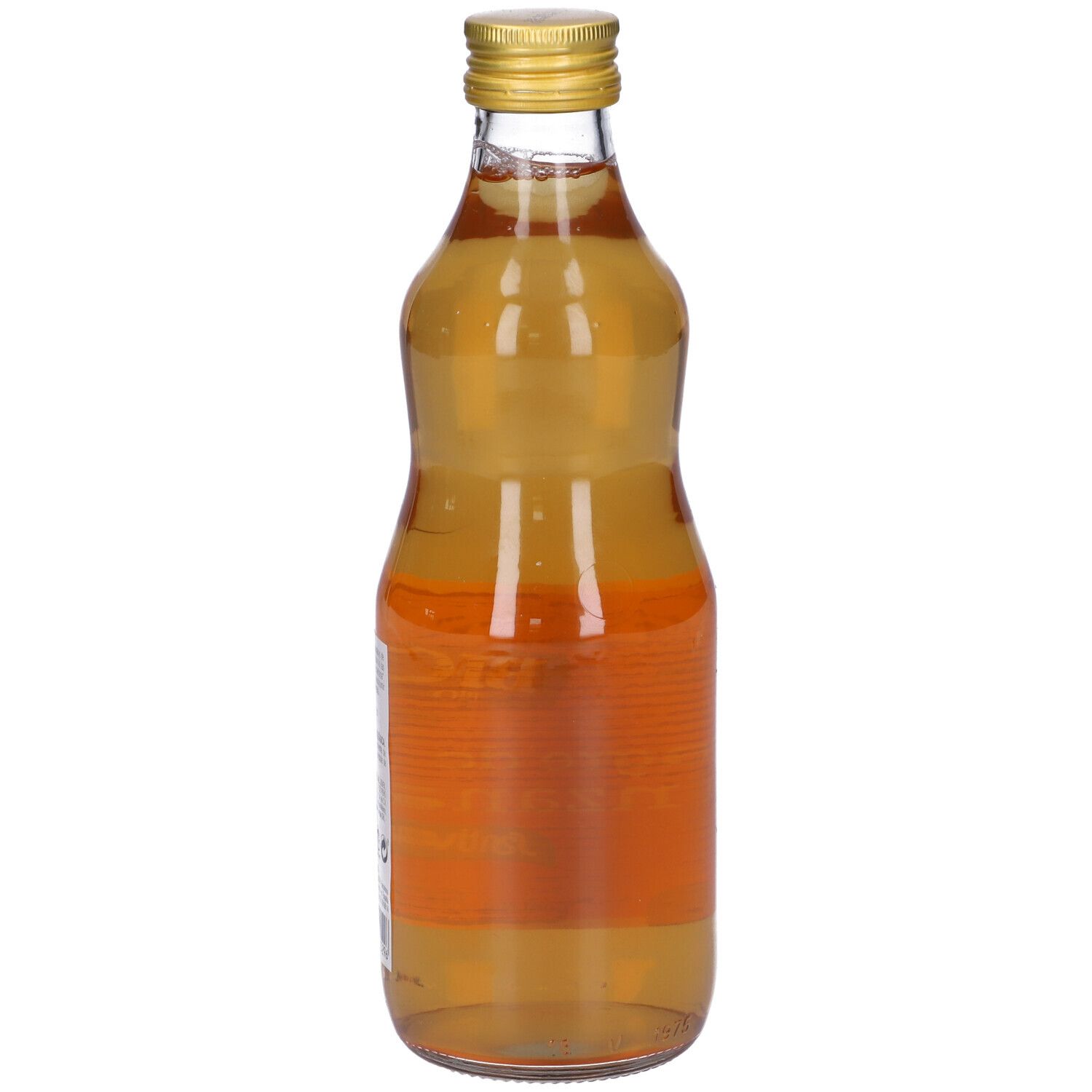 Bottiglia di vetro con liquido giallo. Tappo dorato. Etichetta rossa con testo: Vinagre de manzana.