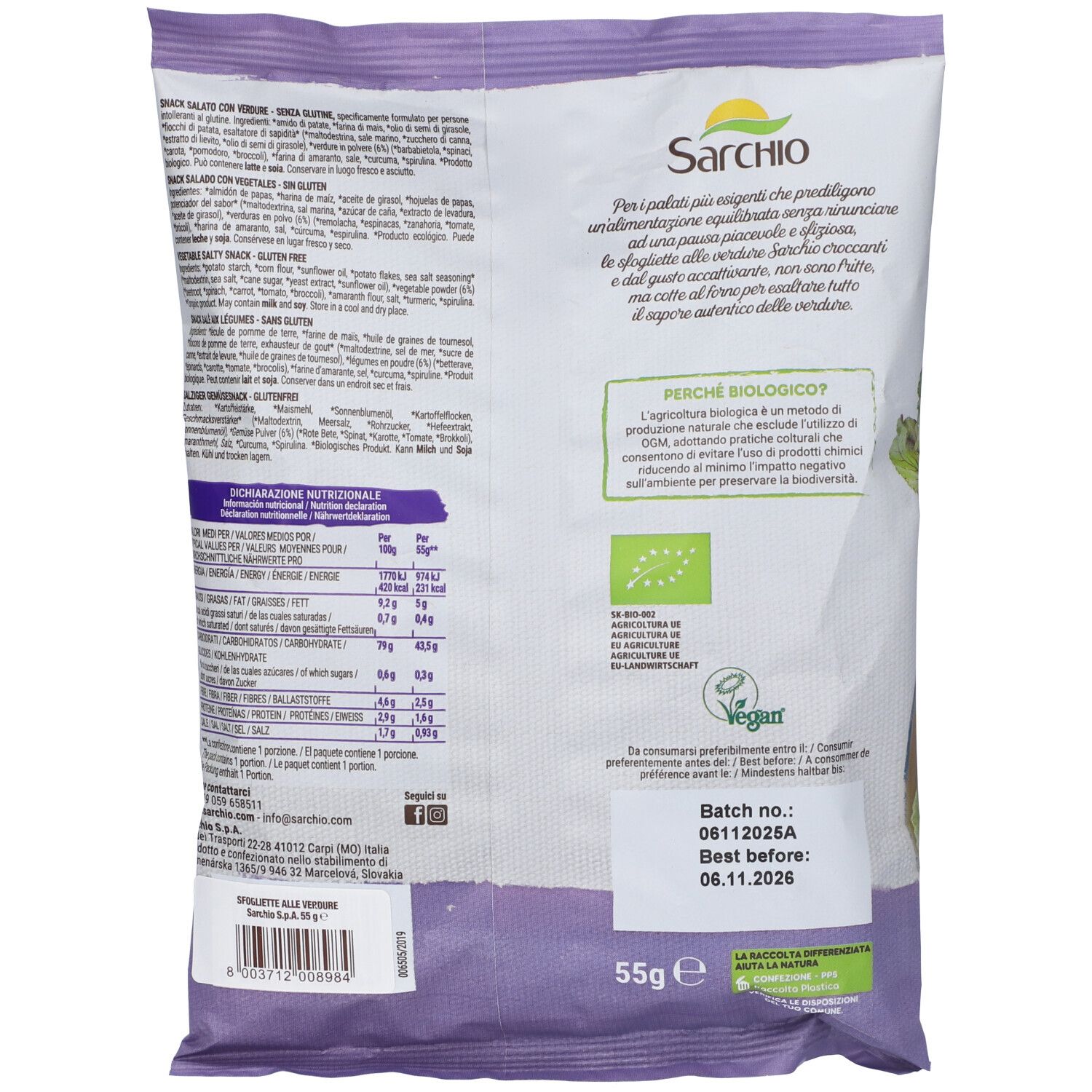 Retro confezione Sarchio Sfogliette alle Verdure. Testo, informazioni nutrizionali, marchio biologico, marchio vegano, data di scadenza.