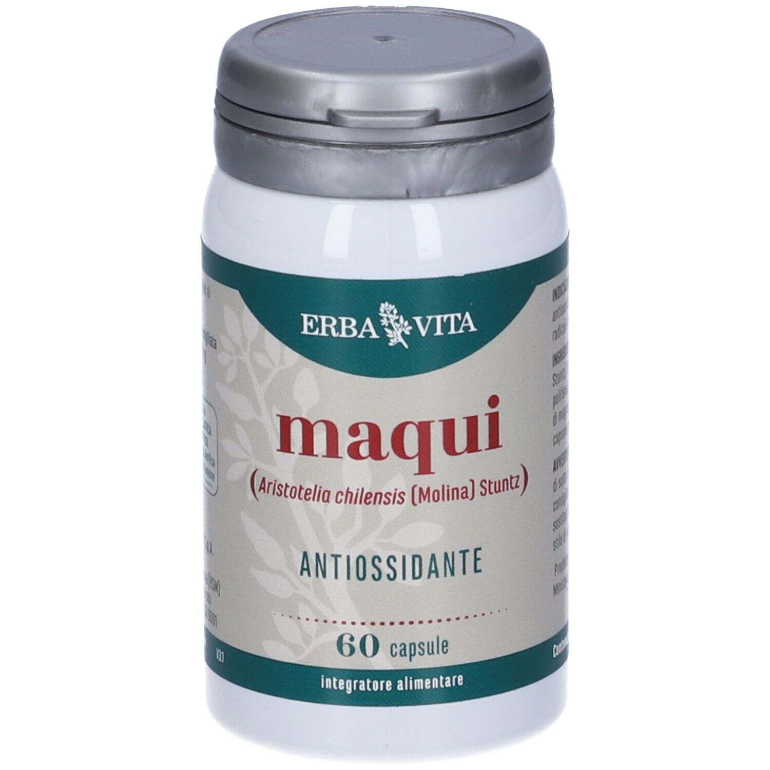 Flacone di Maqui, 60 capsule, Erba Vita. Scritta: Maqui, antiossidante. Coperchio grigio.
