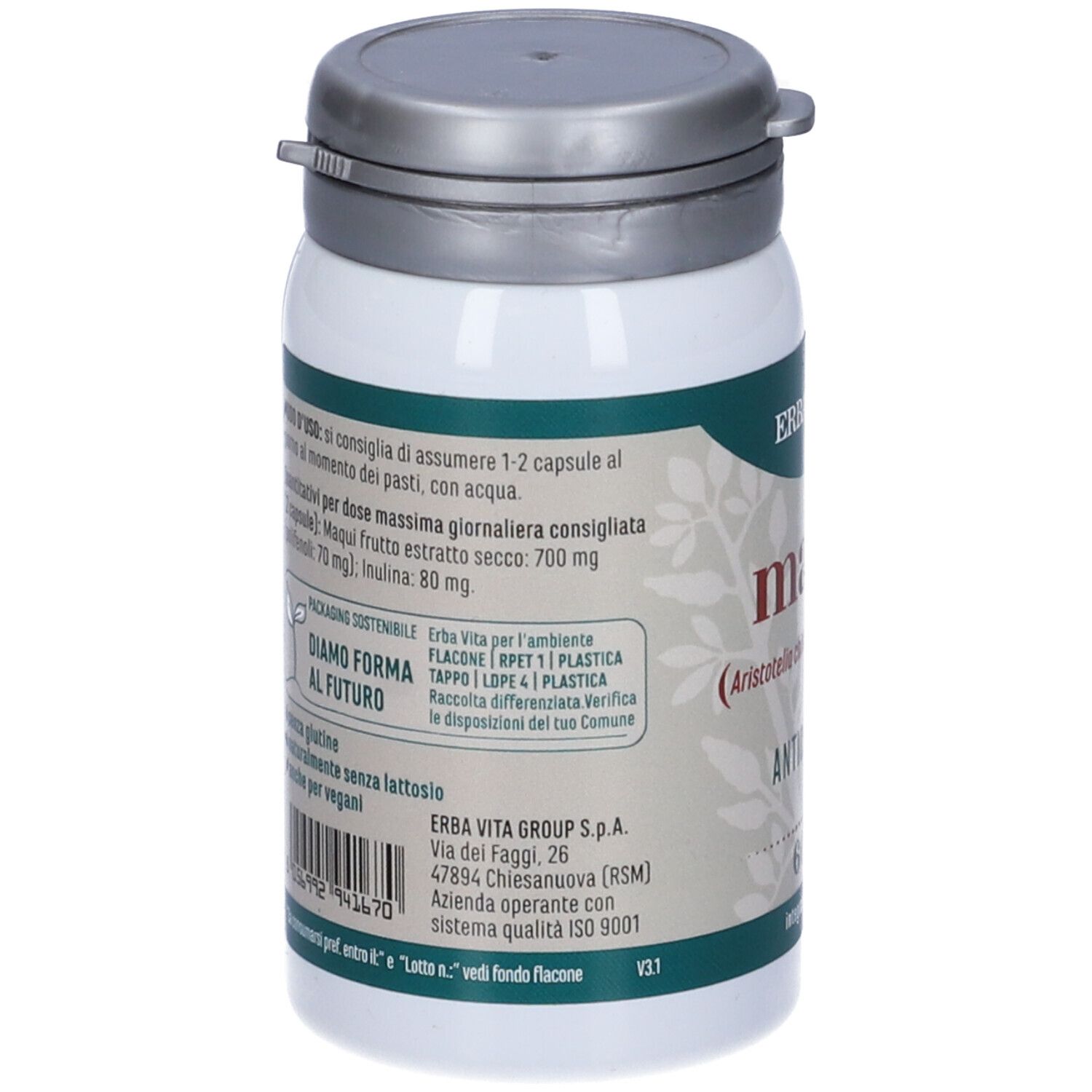 Flacone di Maqui, 60 capsule, Erba Vita. Scritta: Maqui, antiossidante. Retro con testo.