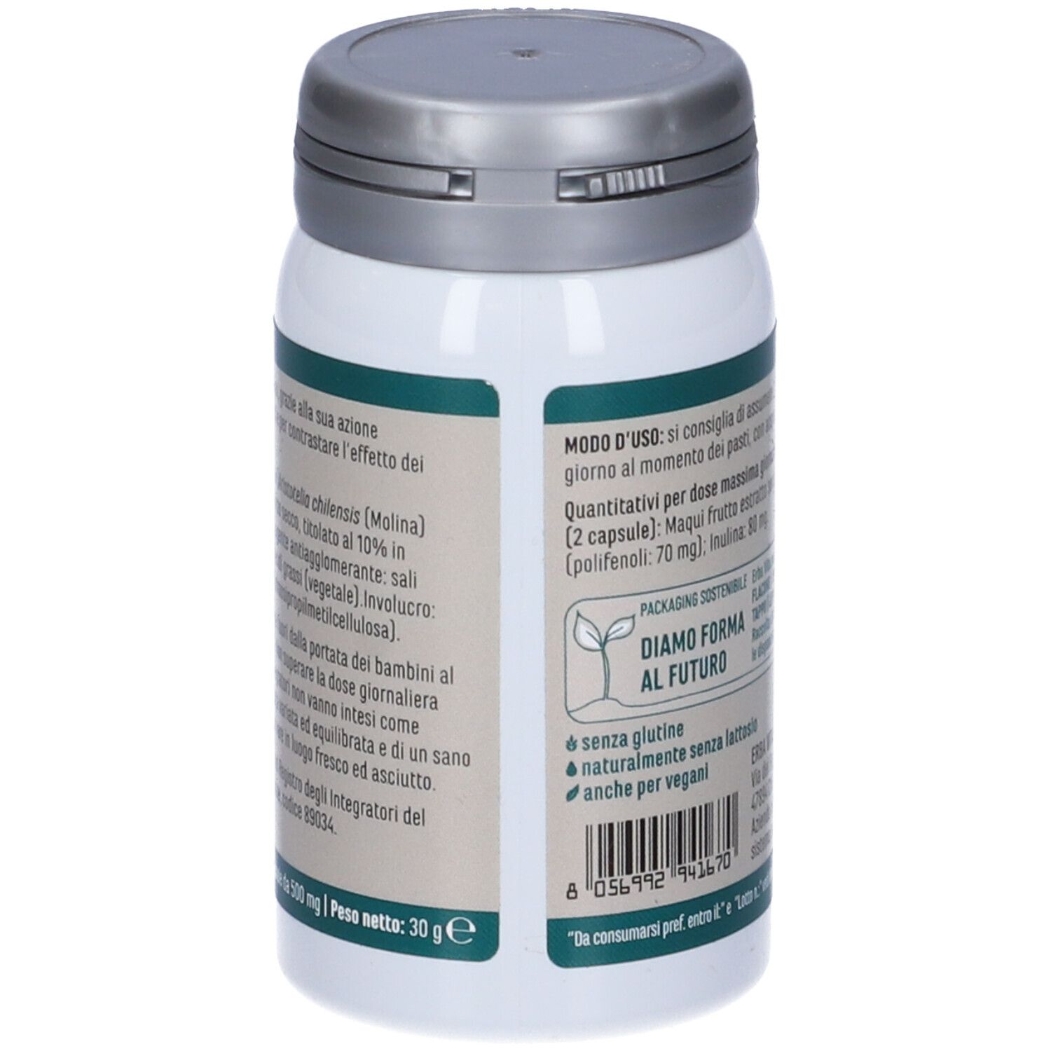 Flacone di Maqui, 60 capsule, Erba Vita. Scritta: Maqui, antiossidante. Retro con testo.