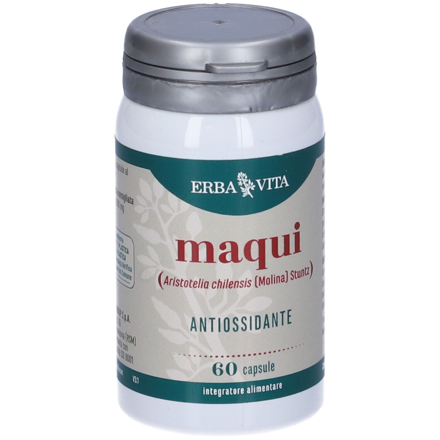 Flacone di Maqui, 60 capsule, Erba Vita. Scritta: Maqui, antiossidante. Retro con testo.
