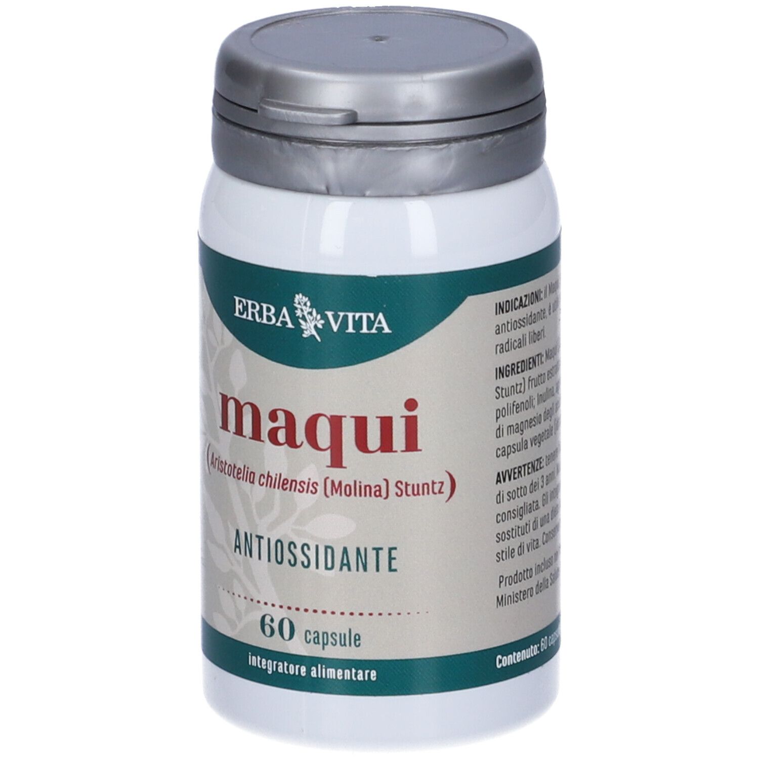 Flacone di Maqui, 60 capsule, Erba Vita. Scritta: Maqui, antiossidante. Retro con testo.