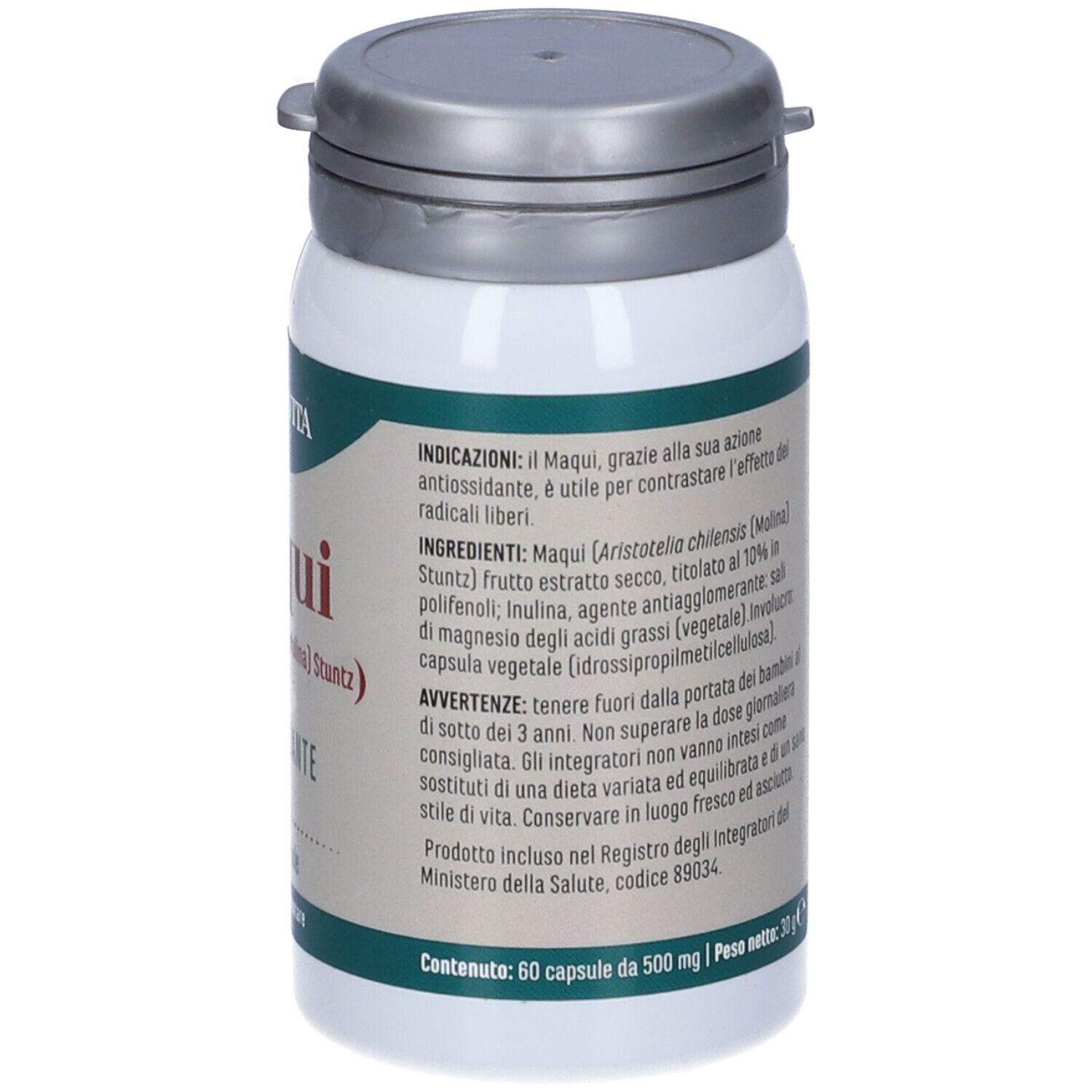Flacone di Maqui, 60 capsule, Erba Vita. Scritta: Maqui, antiossidante. Retro con testo.