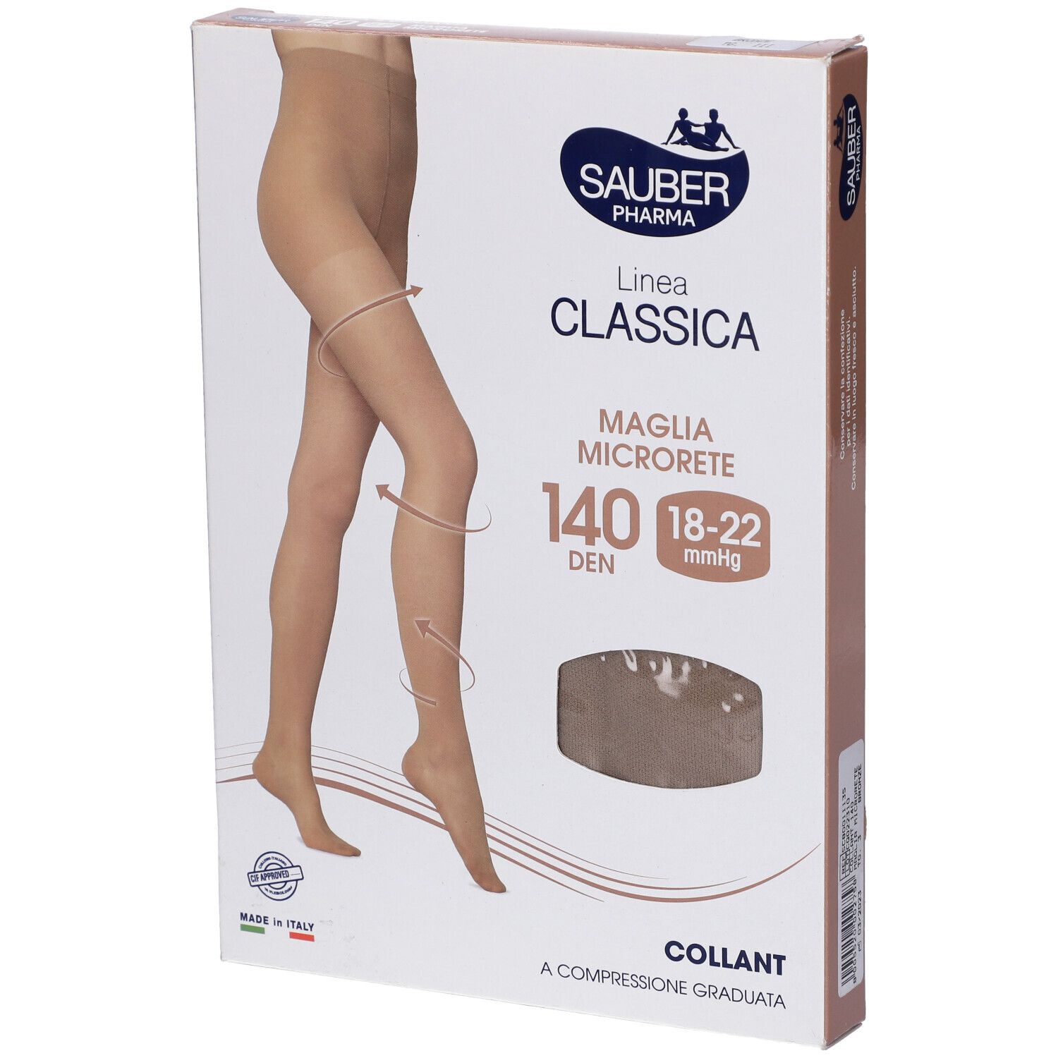 Confezione collant Sauber Pharma, Linea Classica, Maglia Microrete, 140 denari, colore bronzo. Immagine di gamba e collant.