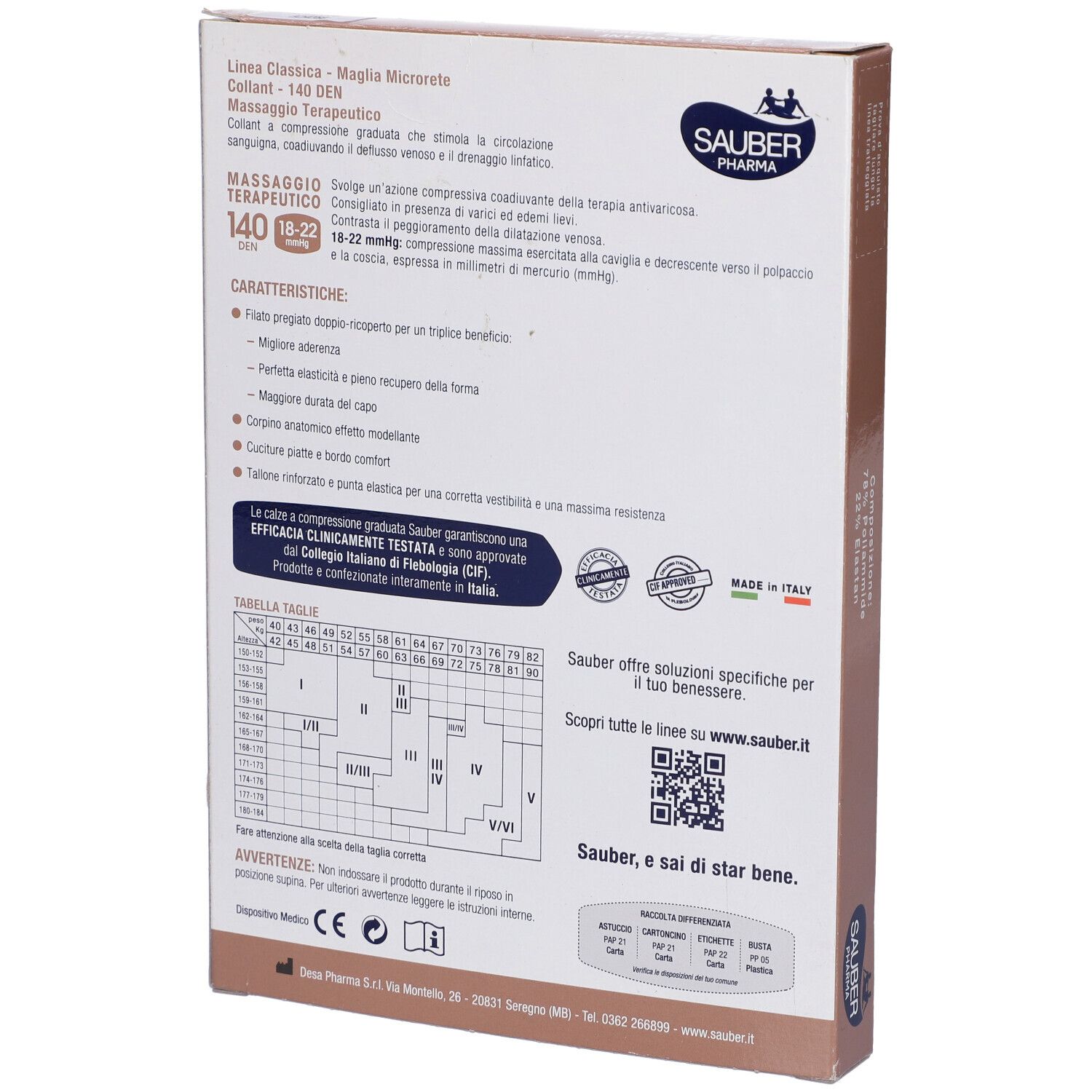 Retro della confezione. Informazioni sulle caratteristiche e tabella taglie dei collant.