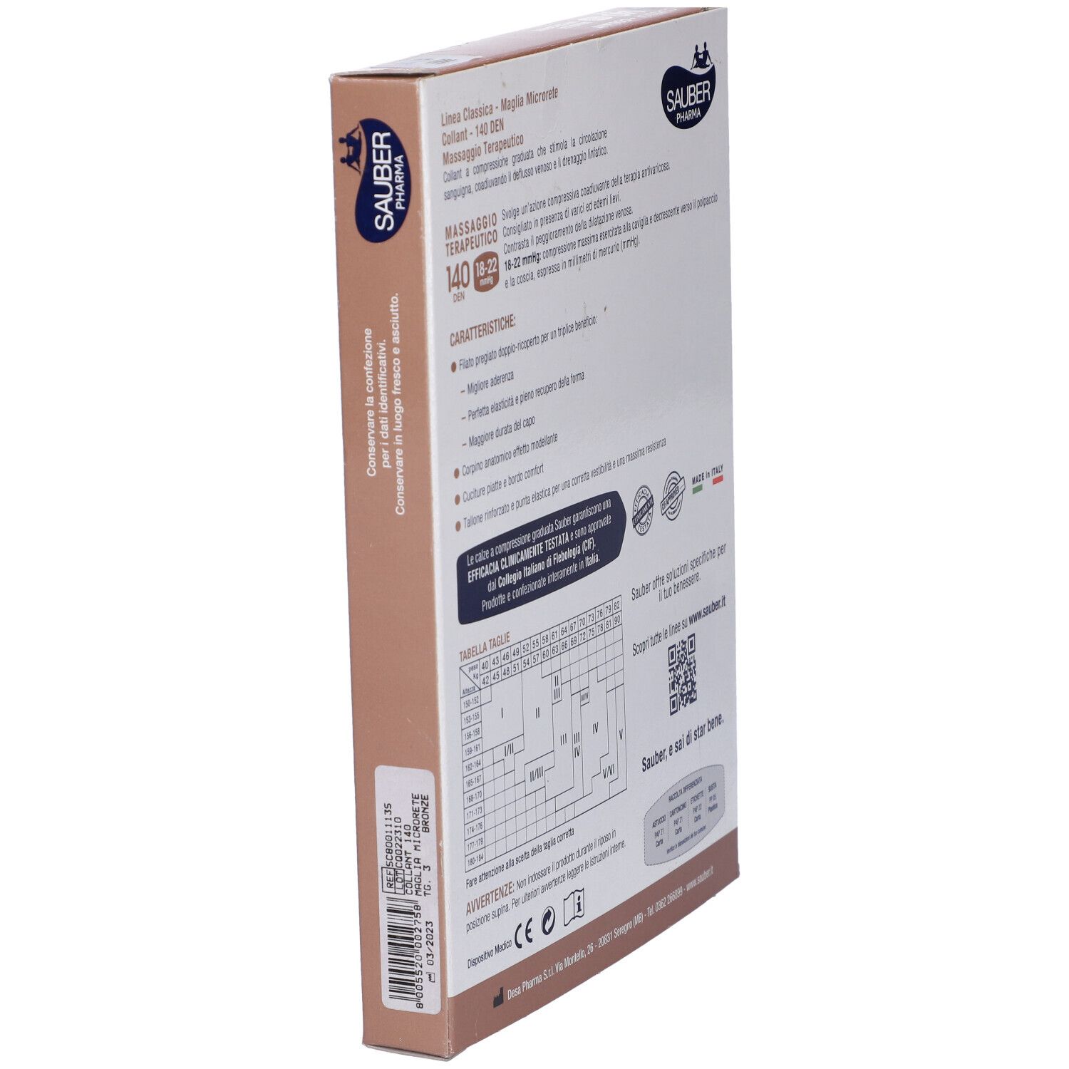 Retro della confezione. Informazioni sulle caratteristiche e tabella taglie dei collant. Vista laterale.