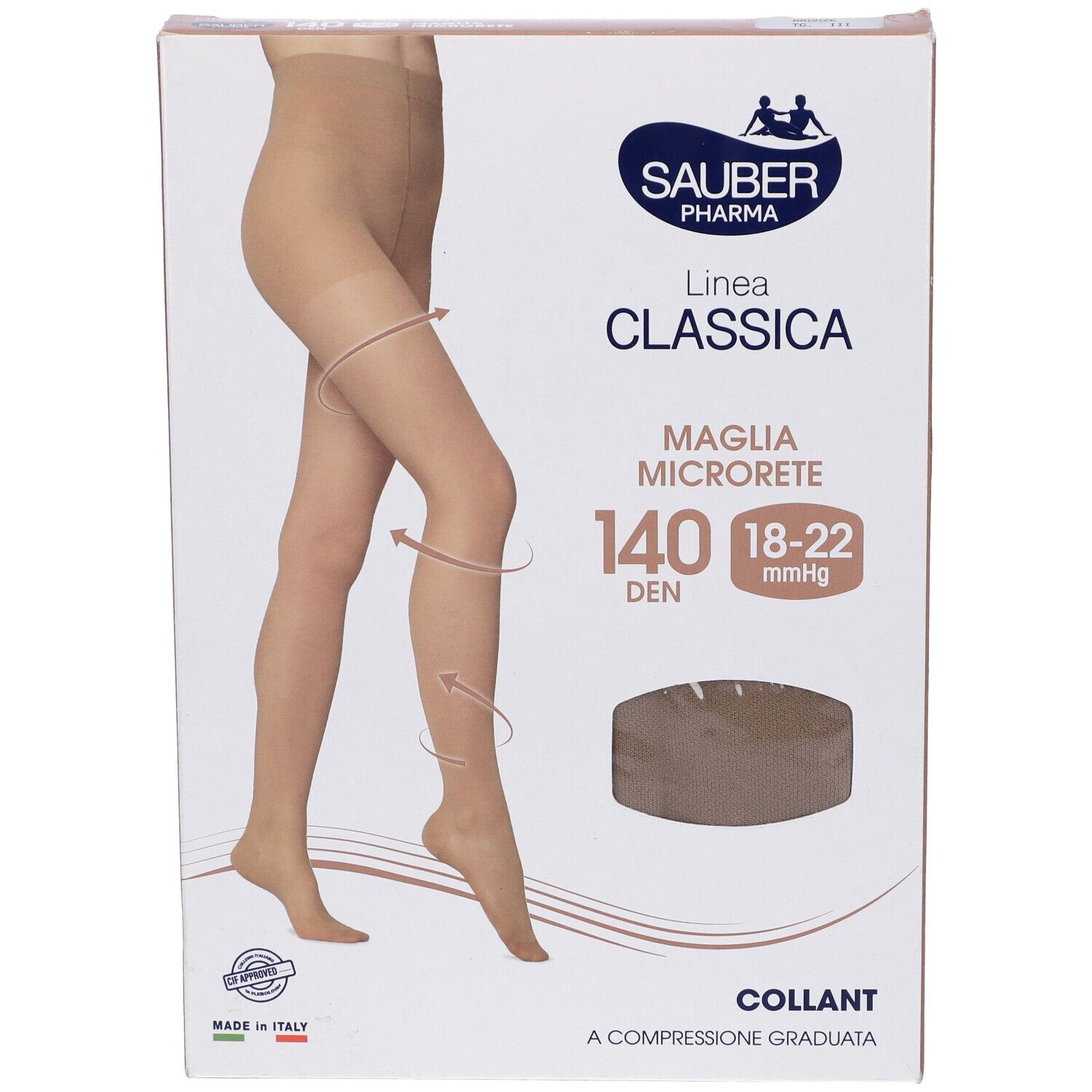 Confezione collant Sauber Pharma, Linea Classica, Maglia Microrete, 140 denari, colore bronzo. Immagine di gamba e collant.