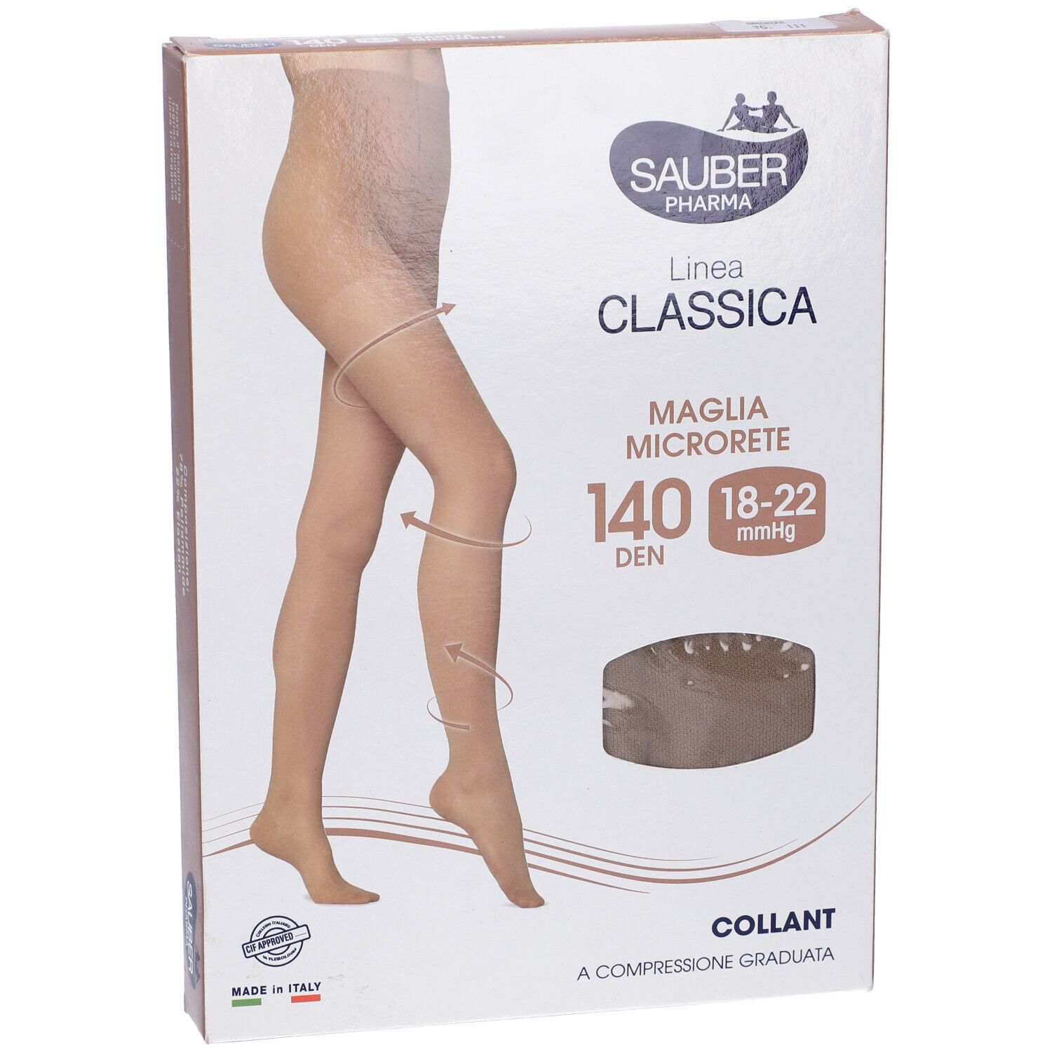 Confezione collant Sauber Pharma, Linea Classica, Maglia Microrete, 140 denari, colore bronzo. Immagine di gamba e collant.