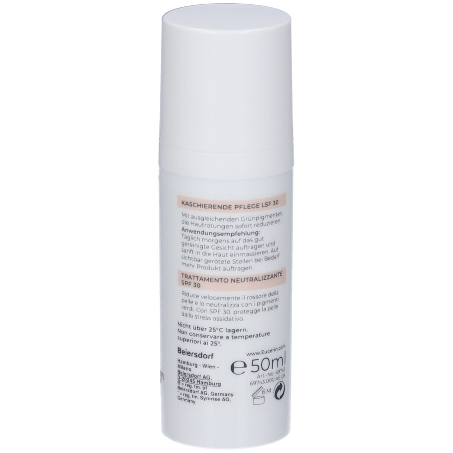 Retro del trattamento giorno Eucerin Anti-Rossore coprente. Informazioni in tedesco, italiano e francese.
