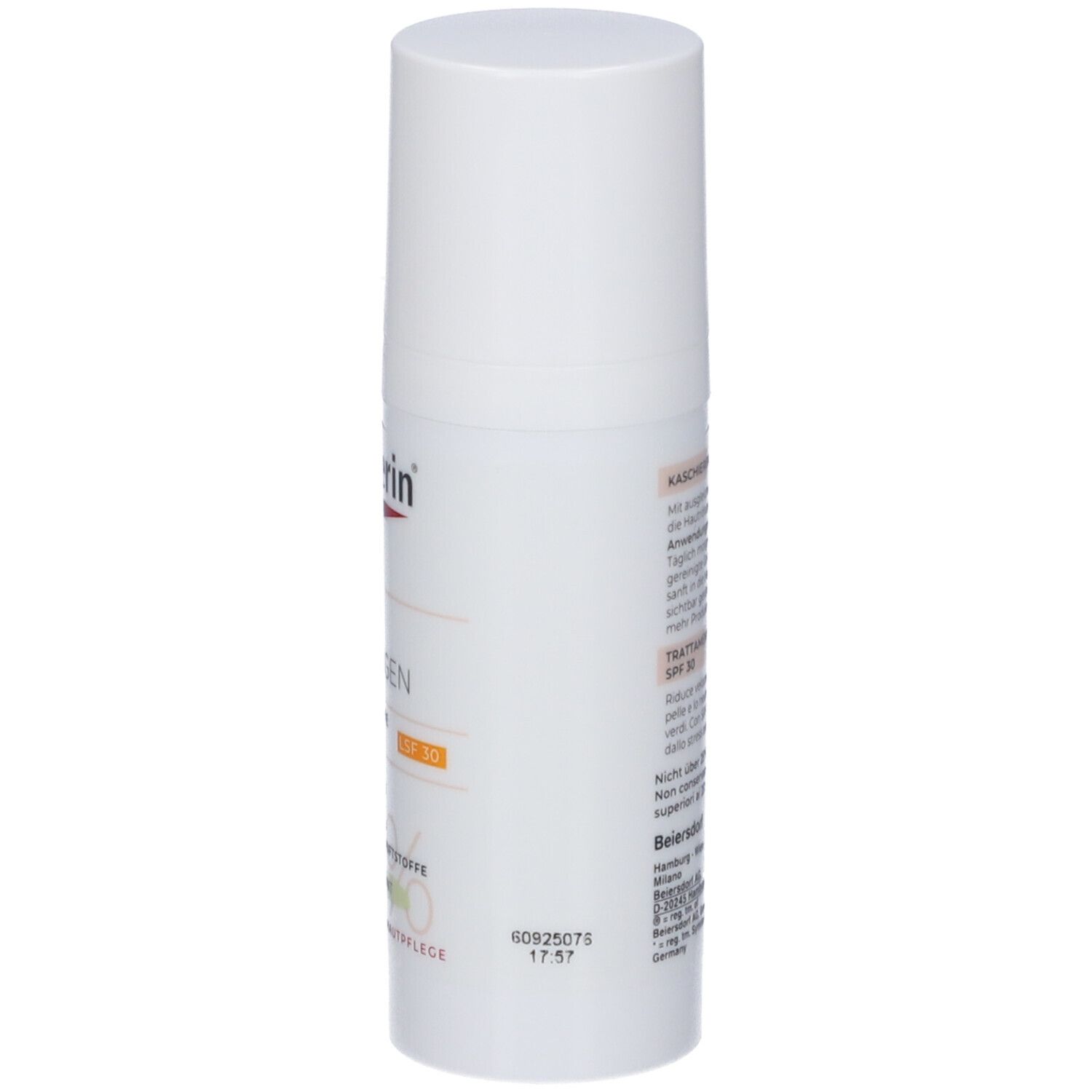Vista laterale del trattamento giorno Eucerin Anti-Rossore coprente. Flacone con dispenser.