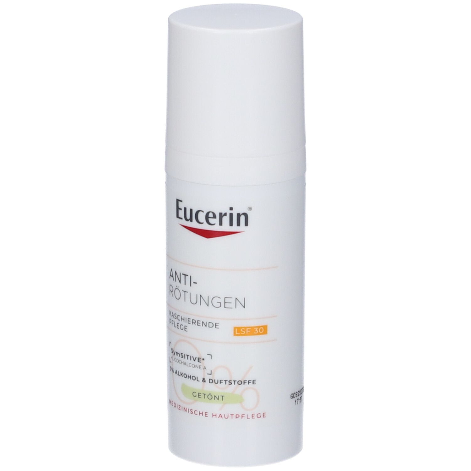 Eucerin Anti-Rossore trattamento giorno coprente SPF 30. Flacone bianco con dispenser, leggermente colorato.