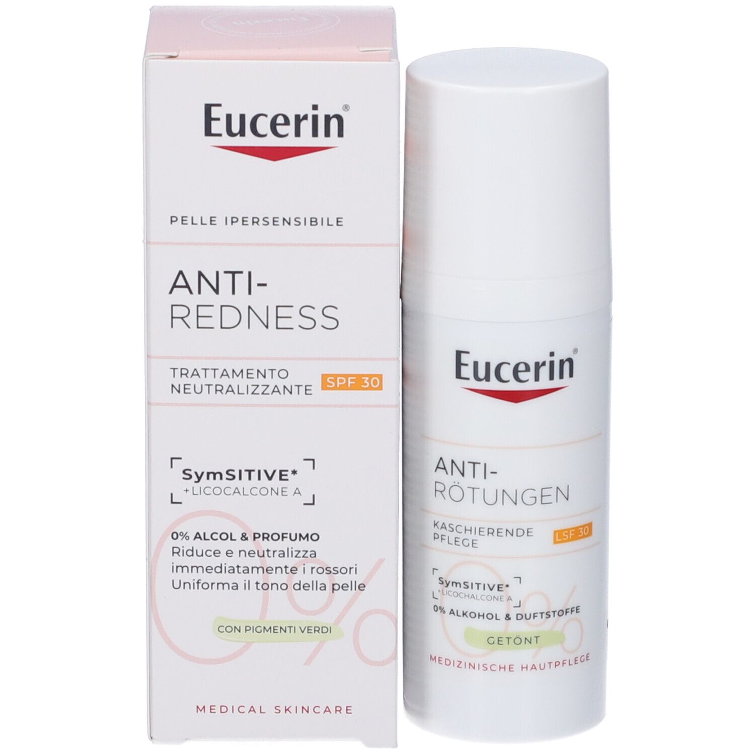 Eucerin Anti-Rossore trattamento giorno coprente e scatola. SPF 30, 0% alcol.