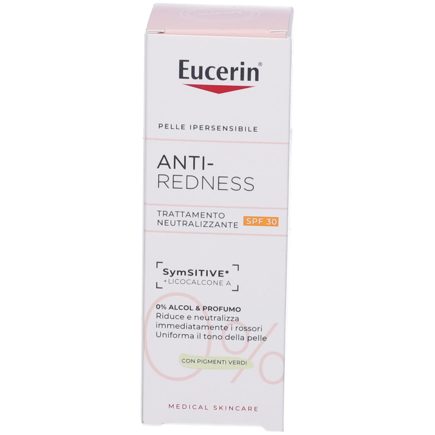 Eucerin Anti-Rossore trattamento giorno coprente. Scatola con flacone prodotto. SPF 30.