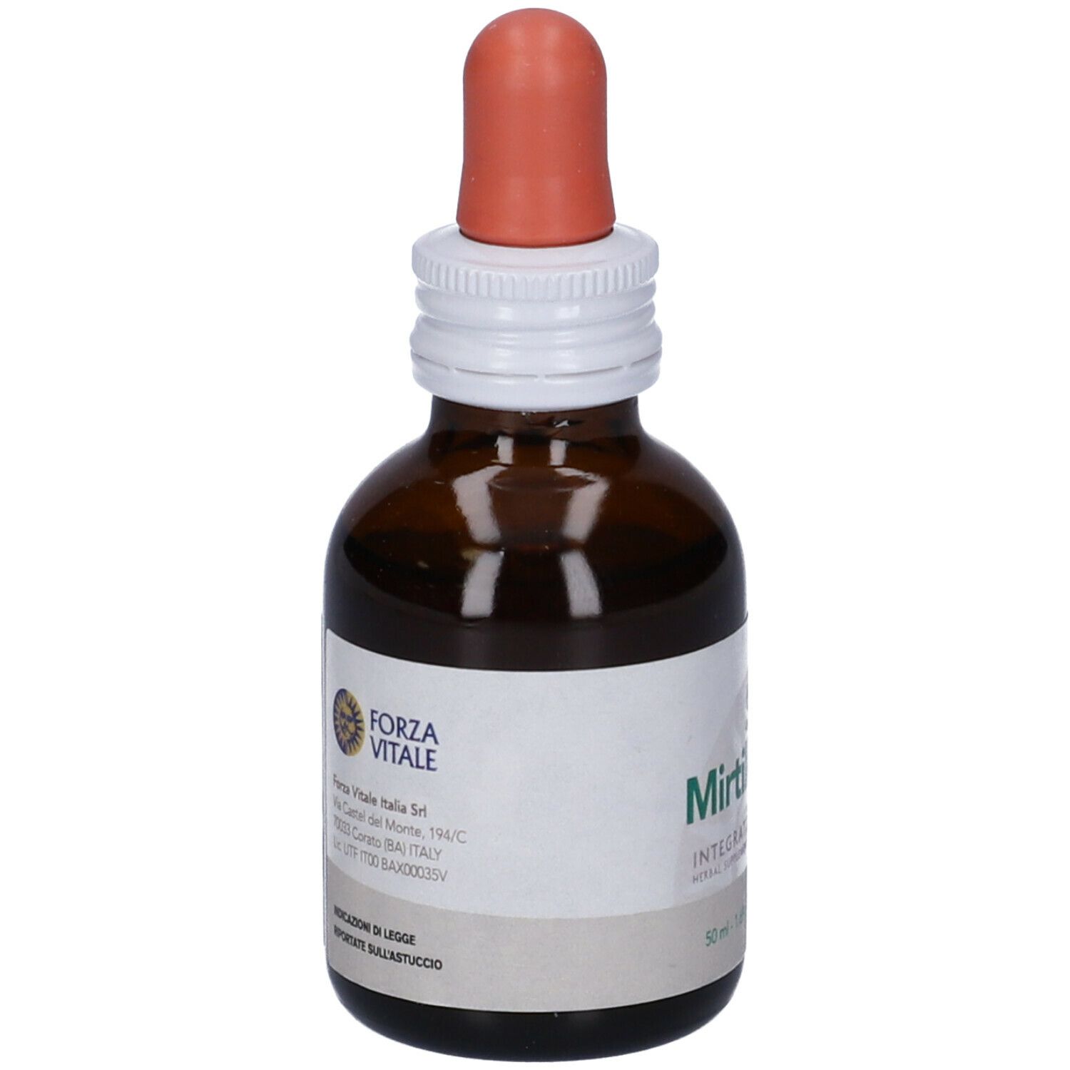 Flacone di vetro marrone con contagocce. Scritta: FORZA VITALE. Etichetta con testo.