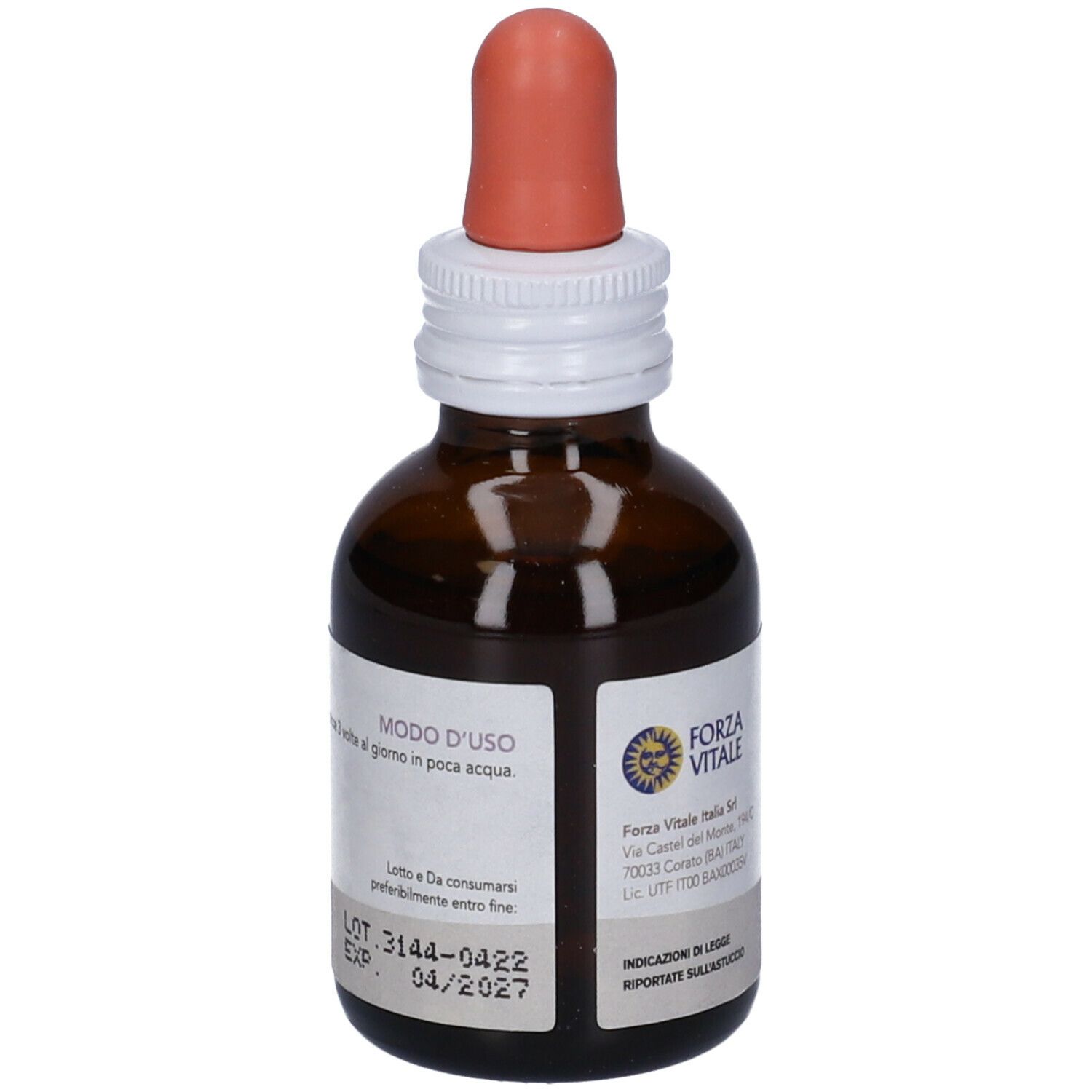 Flacone di vetro marrone con contagocce. Scritta: FORZA VITALE. Etichetta con testo e data di scadenza.