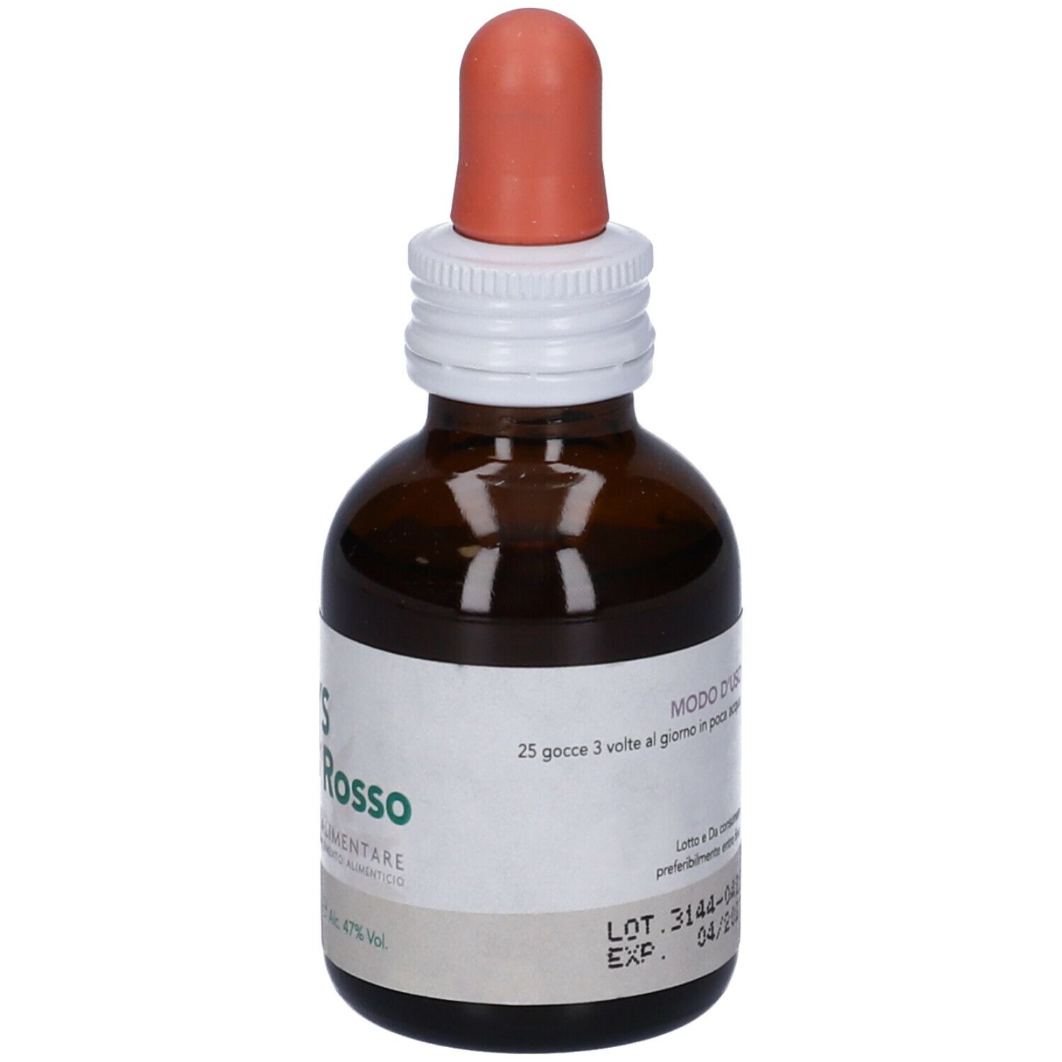 Flacone di vetro marrone con contagocce. Scritta: SYS Mirtillo Rosso. Etichetta con testo e data di scadenza.