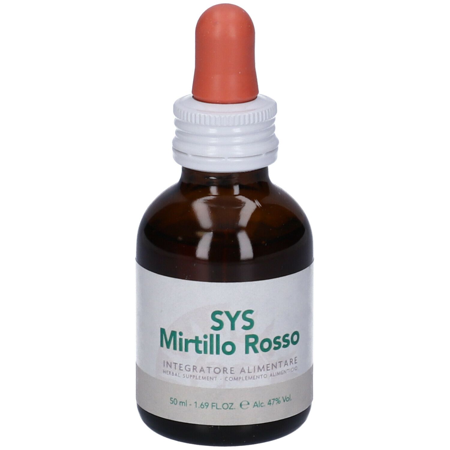 Flacone di vetro marrone con contagocce. Scritta: SYS Mirtillo Rosso. Etichetta con testo.