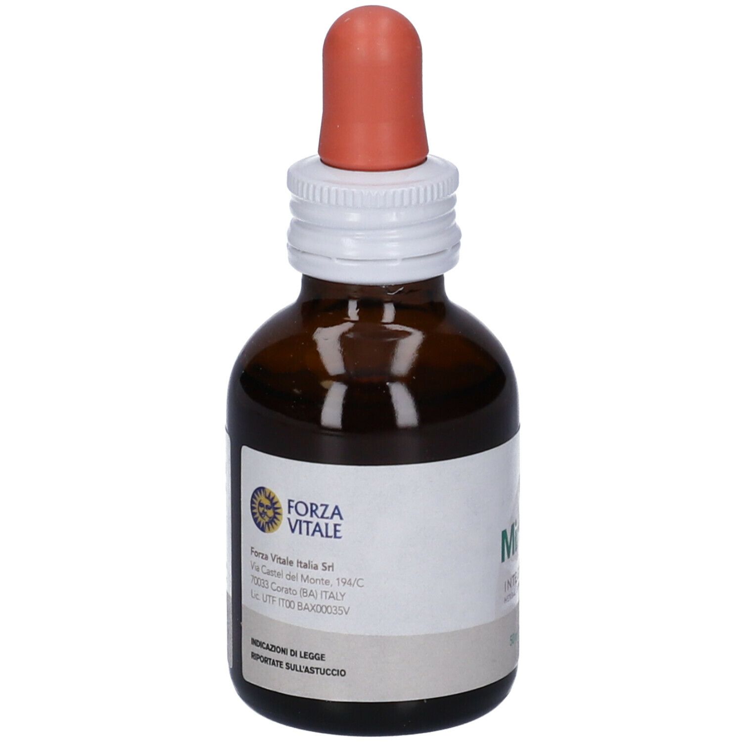 Flacone di vetro marrone con contagocce. Scritta: FORZA VITALE. Etichetta con testo.