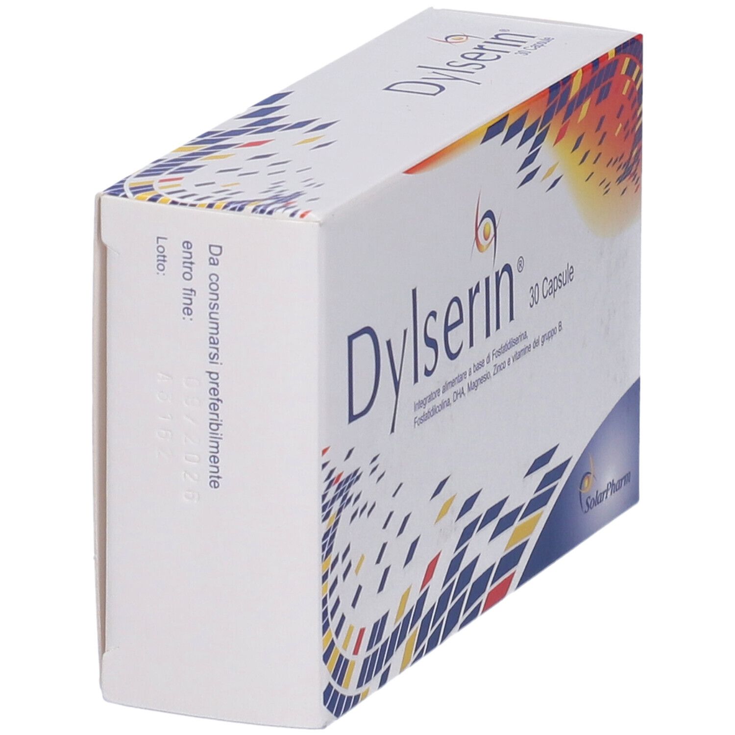 Scatola Dylserin, vista laterale. Nome prodotto e 30 capsule. Testo: 'Da consumarsi preferibilmente entro fine'.