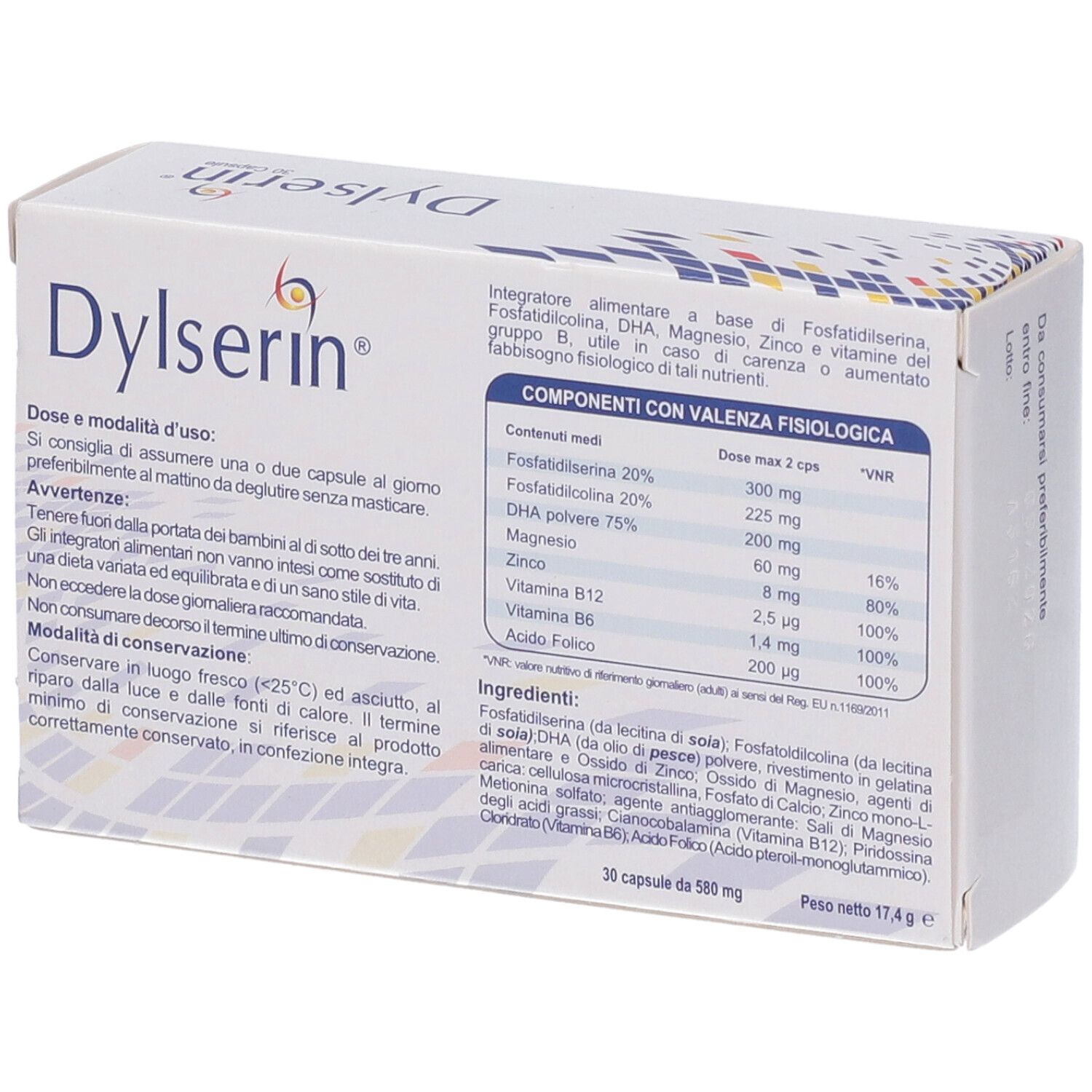 Scatola Dylserin, vista dettagliata. Ingredienti e informazioni nutrizionali. 30 capsule. Logo SolarPharm.