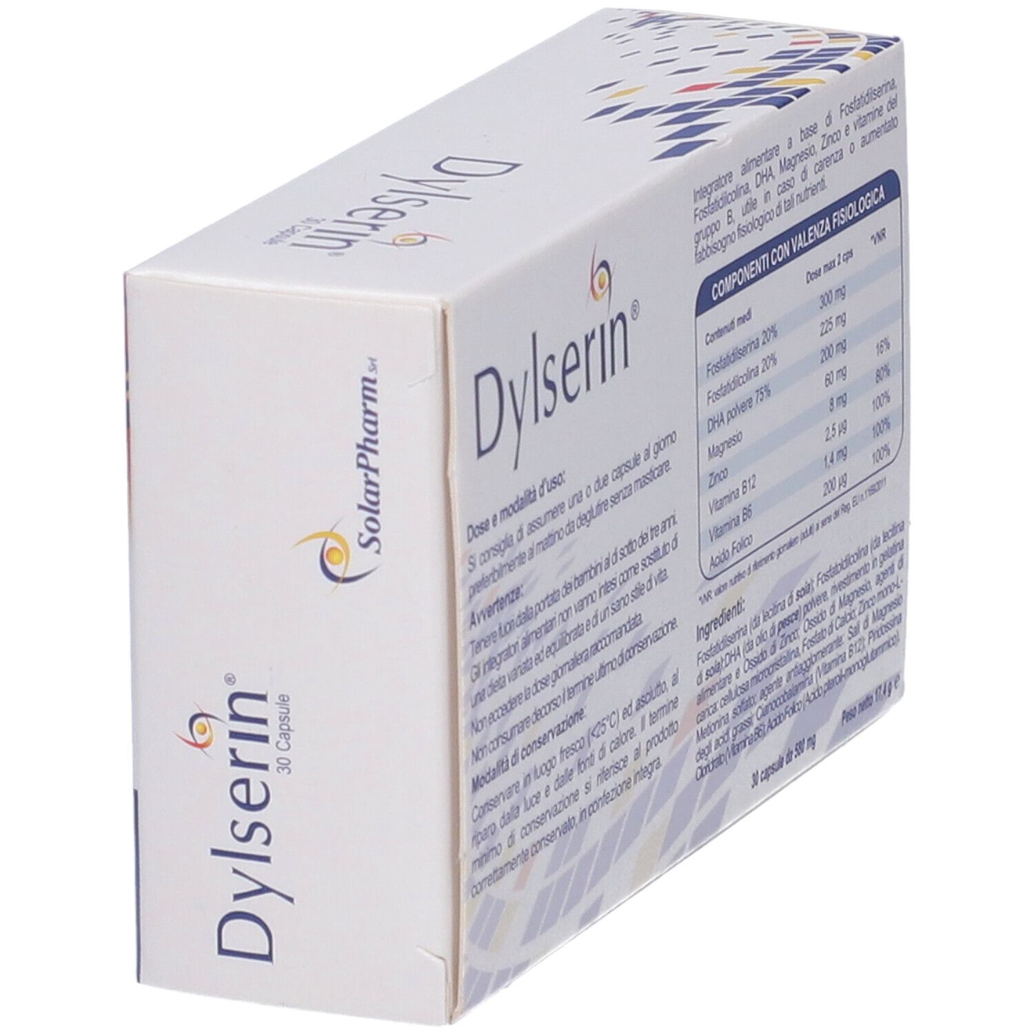 Scatola Dylserin, vista obliqua. Nome prodotto e 30 capsule. Logo SolarPharm. Ingredienti e informazioni nutrizionali.